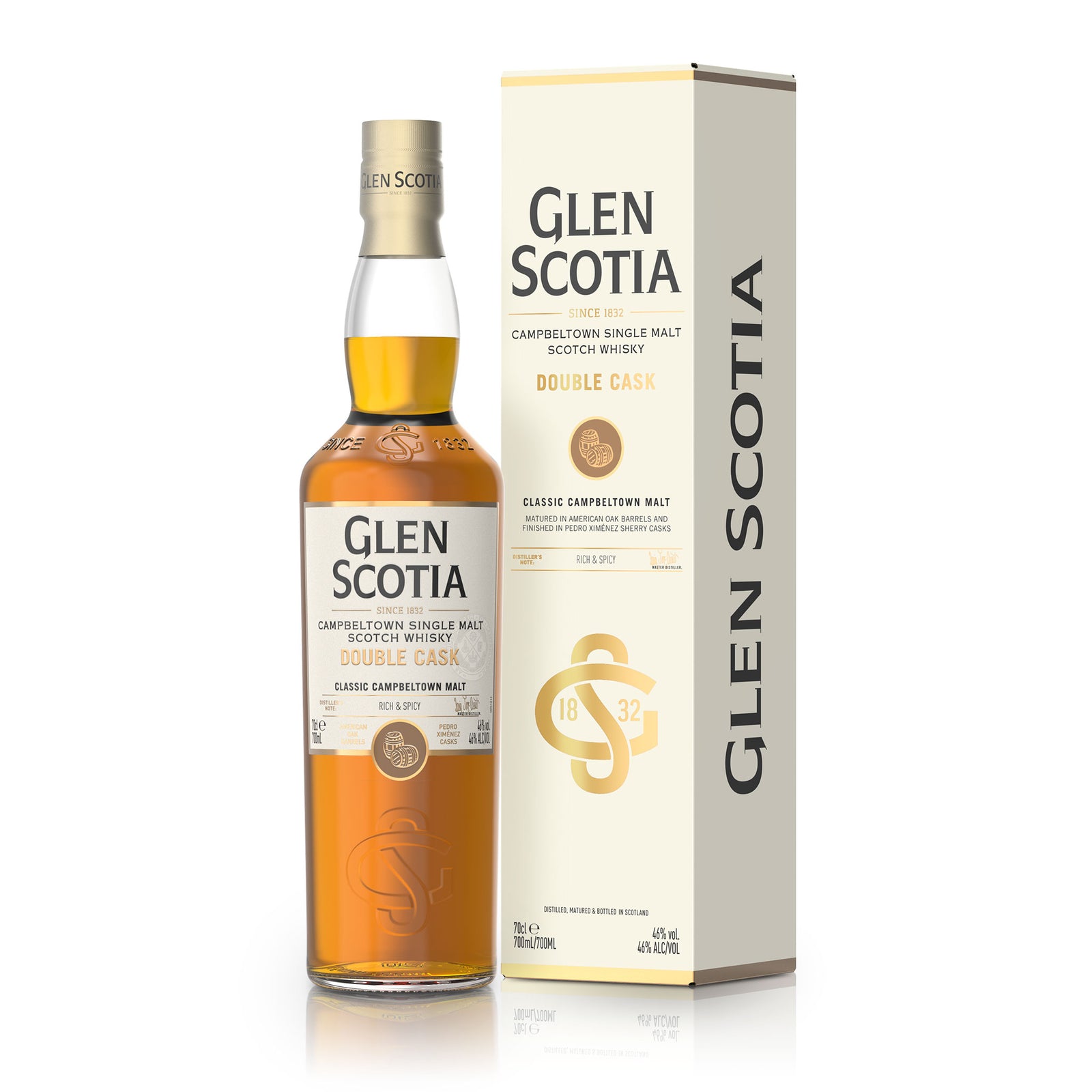 A bottle of Glen Scotia Double Cask Single Malt Scotch Whisky is displayed next to its matching cream-colored box. Both showcase the brand name, product details, and elegant gold accents. The whisky in the bottle has a rich amber hue, making it an ideal addition to any gift set for whisky enthusiasts.