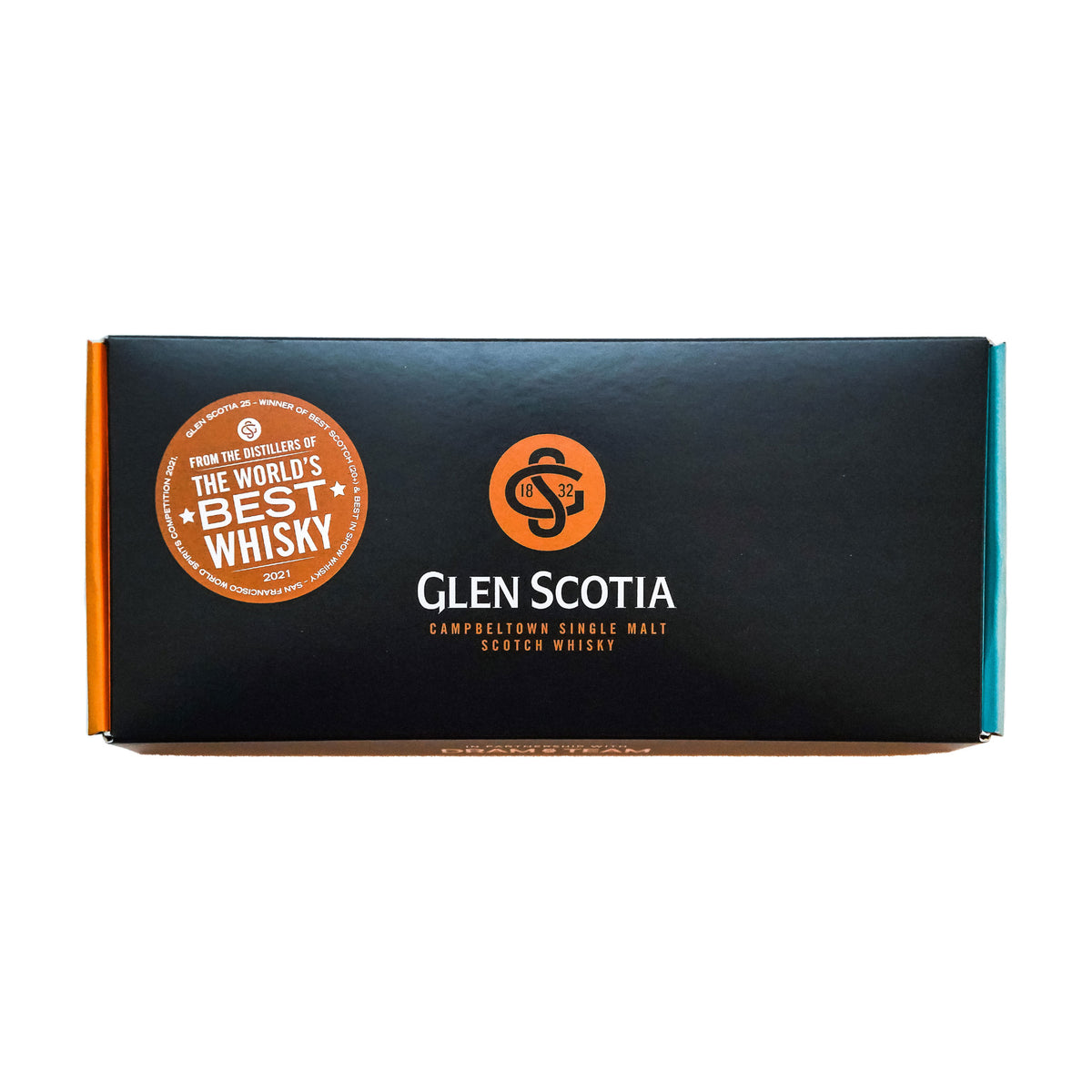 A rectangular green box with an orange seal on the top left corner that reads "THE WORLD'S BEST WHISKY, 2021." In the center, there is an orange and black Glen Scotia logo with text below that says "Glen Scotia Whisky Tasting Gift Set, Campbeltown Single Malt Scotch Whisky.