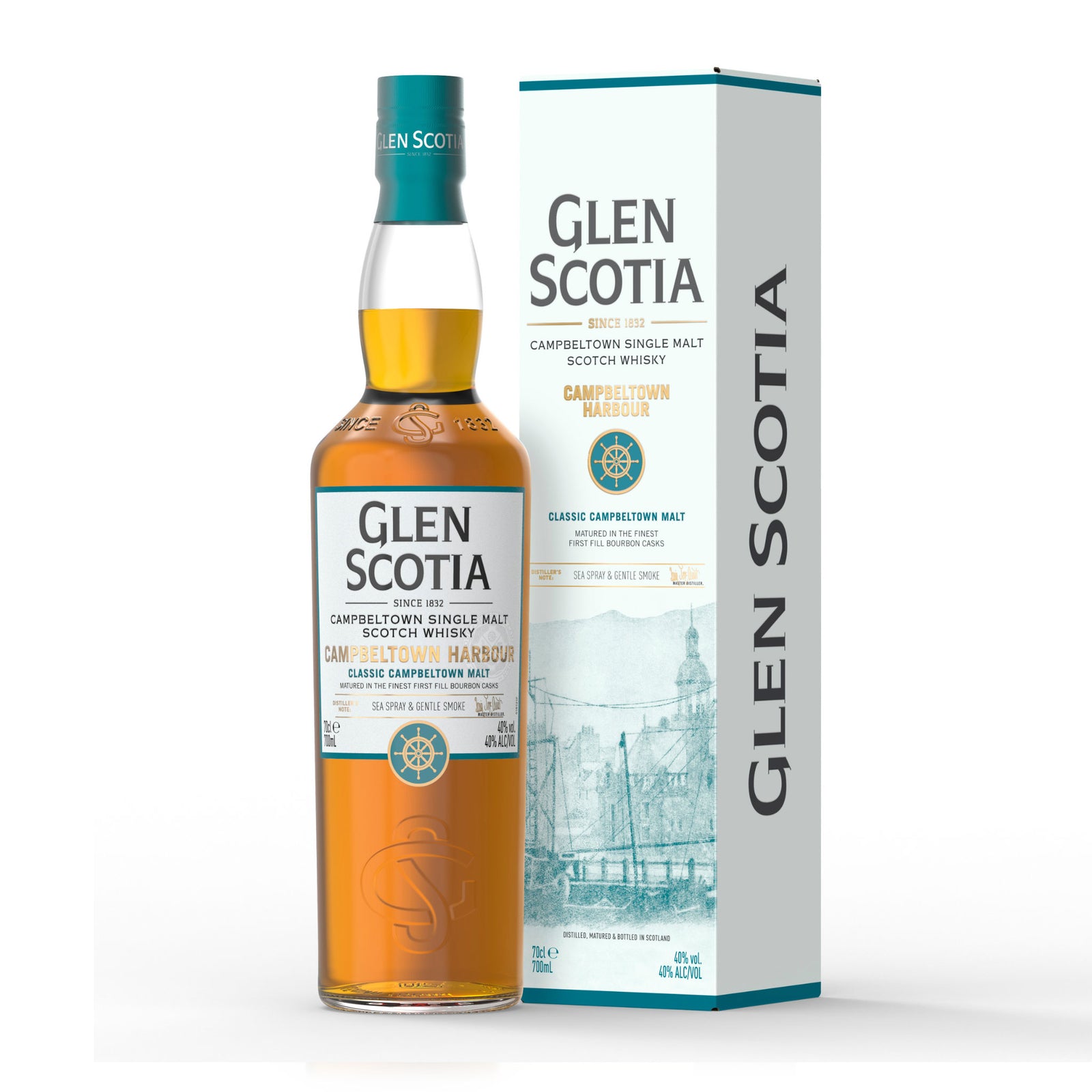 A bottle of Glen Scotia Campbeltown Harbour Whisky, showcasing a gold-amber liquid. The bottle is accompanied by its tall, rectangular box embellished with maritime-themed illustrations and the Glen Scotia logo. An ideal choice for whisky gifts.