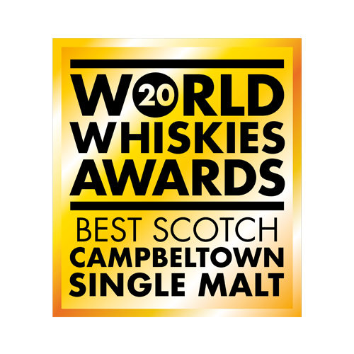 A gold and black logo for the "World Whiskies Awards 2020," indicating "Best Scotch Campbeltown Single Malt.