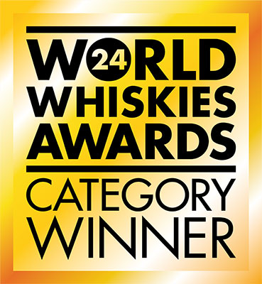 A bold, golden graphic with the text "24 World Whiskies Awards Category Winner." The word "24" is placed in a black circle at the center top, with vibrant gradients of yellow and orange in the background.