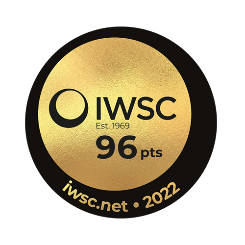Gold round badge with the text "IWSC Est. 1969 96 pts" at the center. Below, there is the website "iwsc.net" and the year "2022.