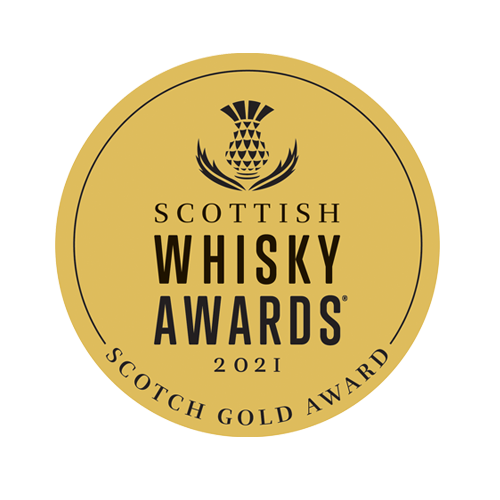 A circular gold emblem with the text "Scottish Whisky Awards 2021" in the center and "Scotch Gold Award" at the bottom. The emblem features a stylized thistle symbol at the top.