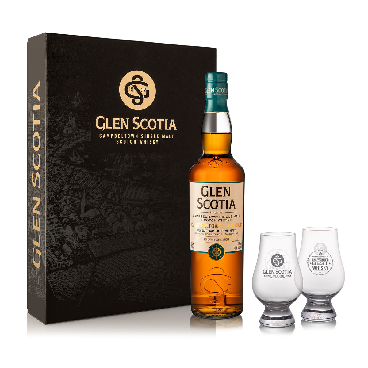 A bottle of Glen Scotia Harbour Whisky is displayed alongside two tasting glasses. The bottle and glasses are positioned in front of a black and gold decorative box featuring the Glen Scotia logo and branding.