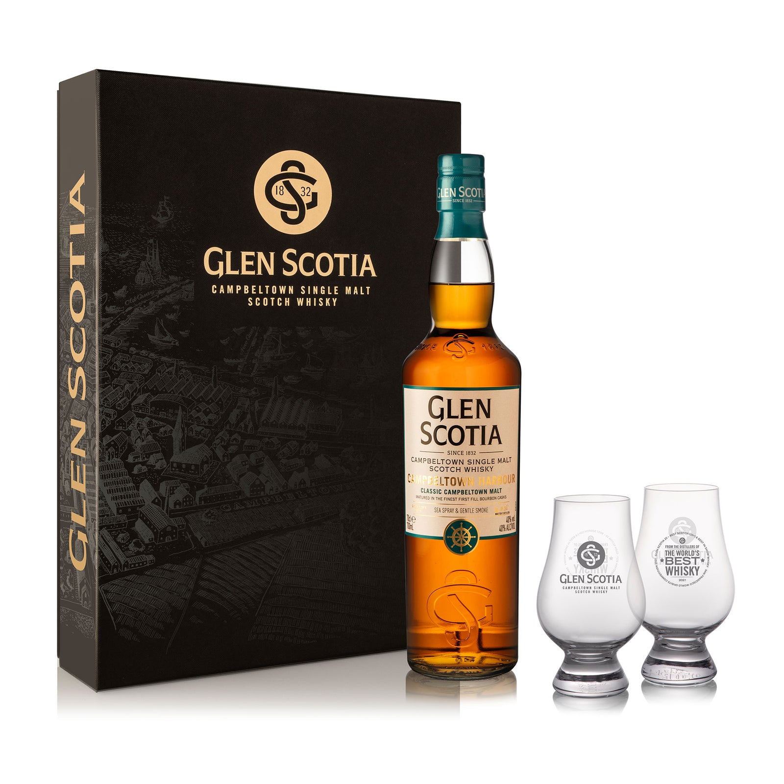 A bottle of Glen Scotia Harbour Whisky is displayed alongside two tasting glasses. The bottle and glasses are positioned in front of a black and gold decorative box featuring the Glen Scotia logo and branding.