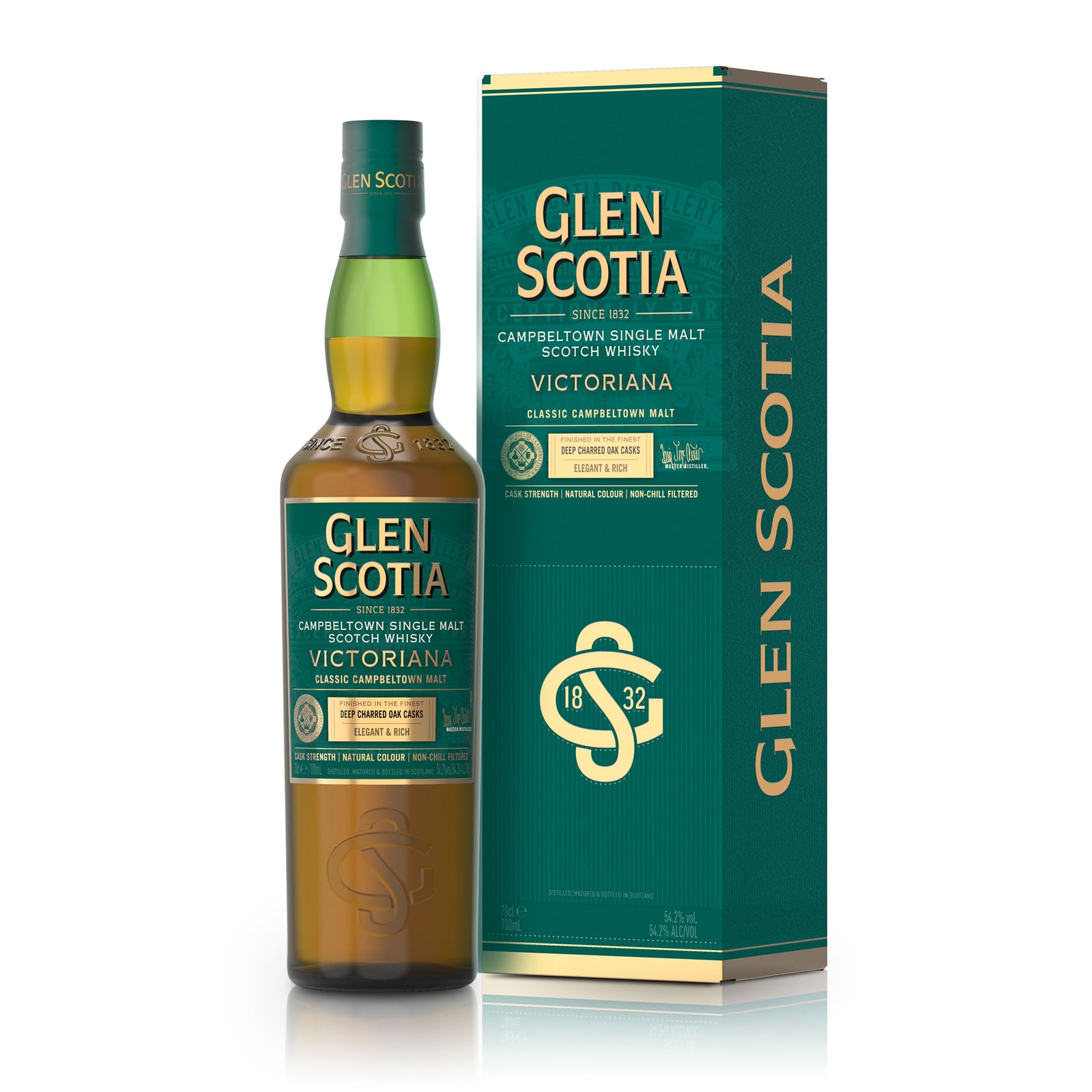 A bottle of Glen Scotia Victoriana Single Malt Scotch Whisky sits next to its matching rectangular green box. The label on both the bottle and box prominently reads "Victoriana," showcasing its classic Campbeltown characteristics, with elegant gold and white text details—perfect for whisky gifts.