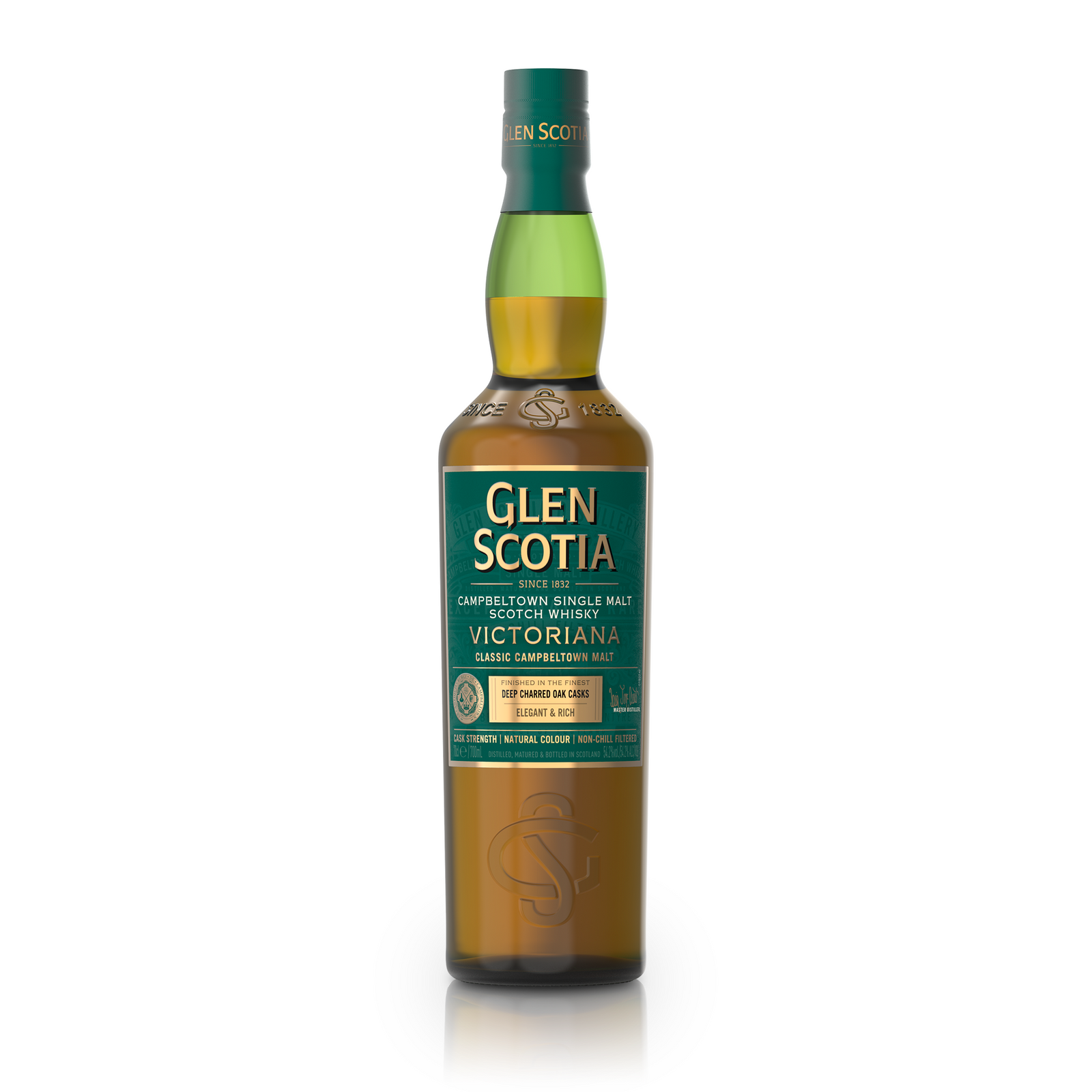 A bottle of Glen Scotia Victoriana Single Malt Scotch Whisky sits next to its matching rectangular green box. The label on both the bottle and box prominently reads "Victoriana," showcasing its classic Campbeltown characteristics, with elegant gold and white text details—perfect for whisky gifts.