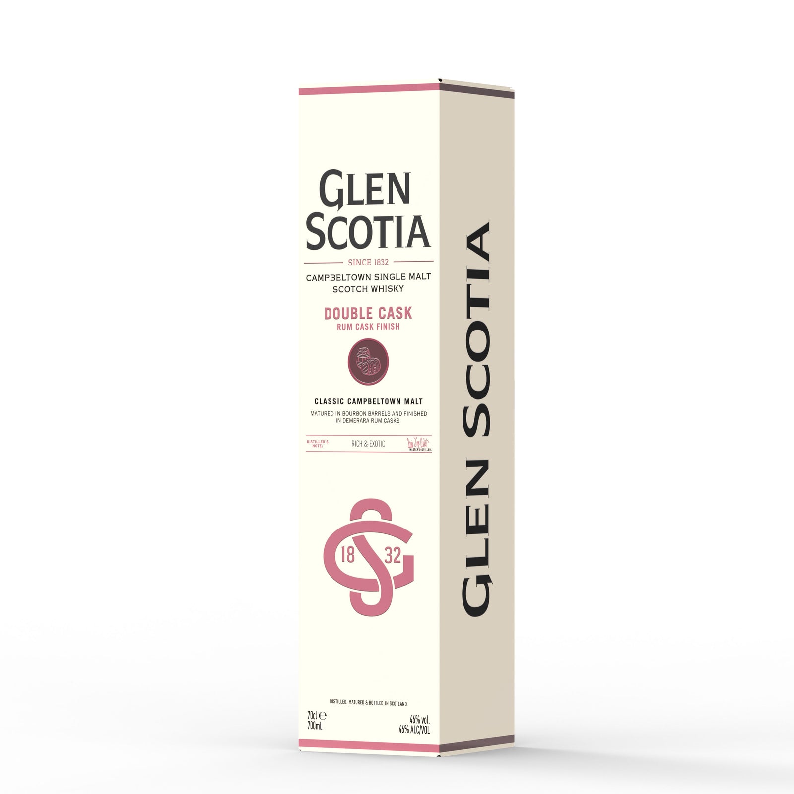 Image of a bottle of Glen Scotia Double Cask Rum Finish Single Malt Scotch Whisky beside its box. The bottle holds caramel-colored whisky with a white label and gold accents, while the box is beige with red and gold lettering and design elements, making it an ideal choice for whisky gifts.
