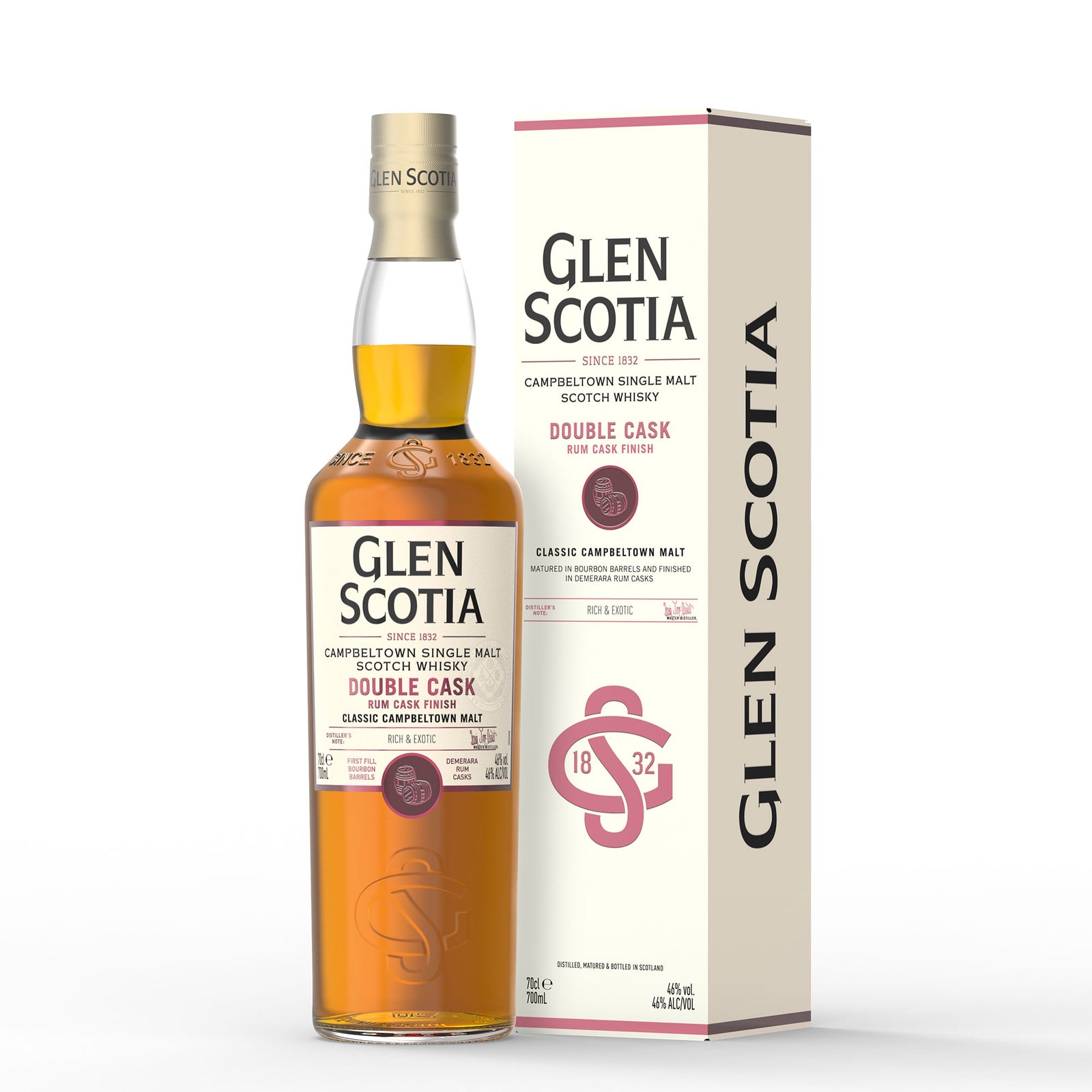 Image of a bottle of Glen Scotia Double Cask Rum Finish Single Malt Scotch Whisky beside its box. The bottle holds caramel-colored whisky with a white label and gold accents, while the box is beige with red and gold lettering and design elements, making it an ideal choice for whisky gifts.