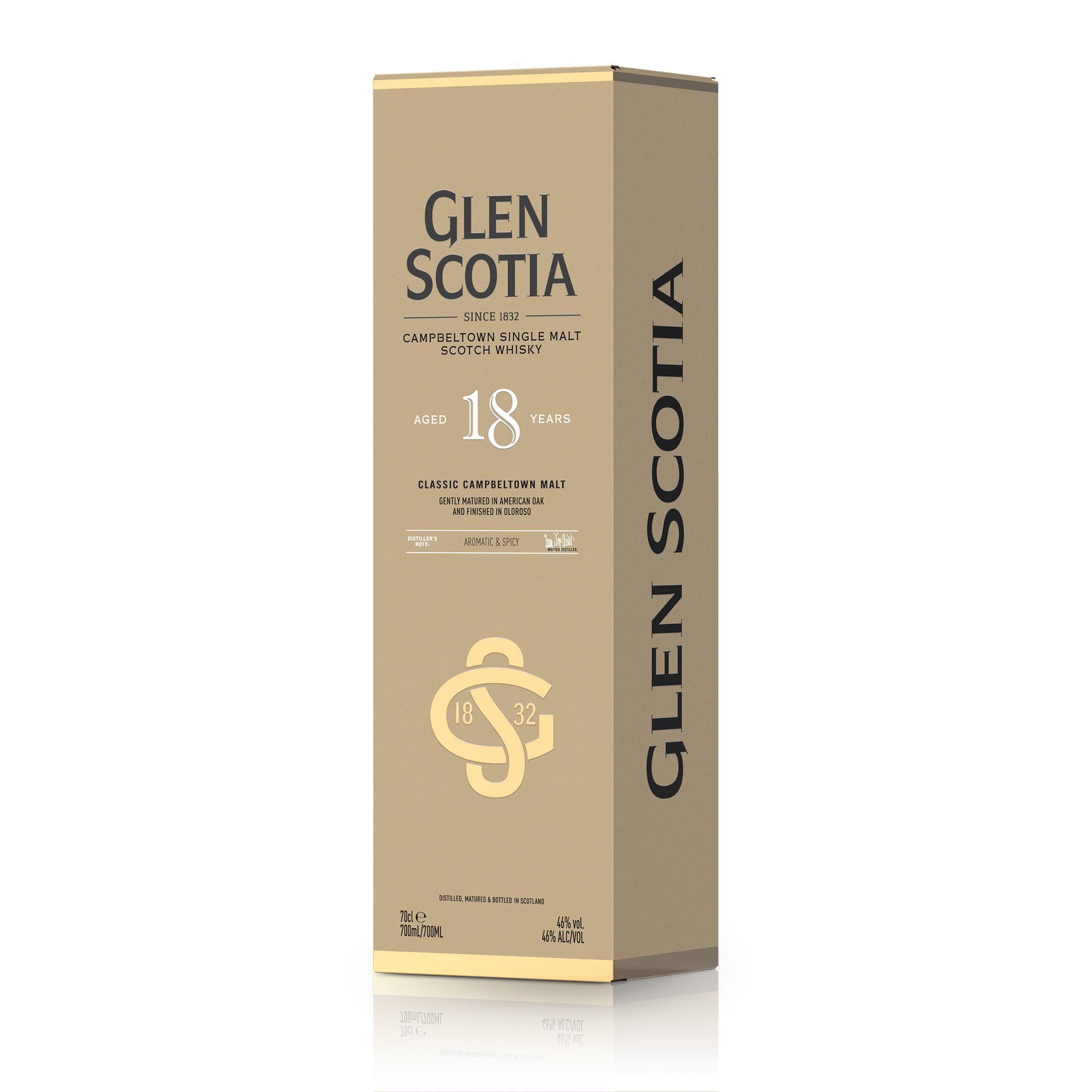 A bottle of Glen Scotia 18 Year Old Single Malt Scotch Whisky, matured in Oloroso casks, is showcased beside its beige box. The bottle has a gold cap and label detailing its age and origins, set against a white background.