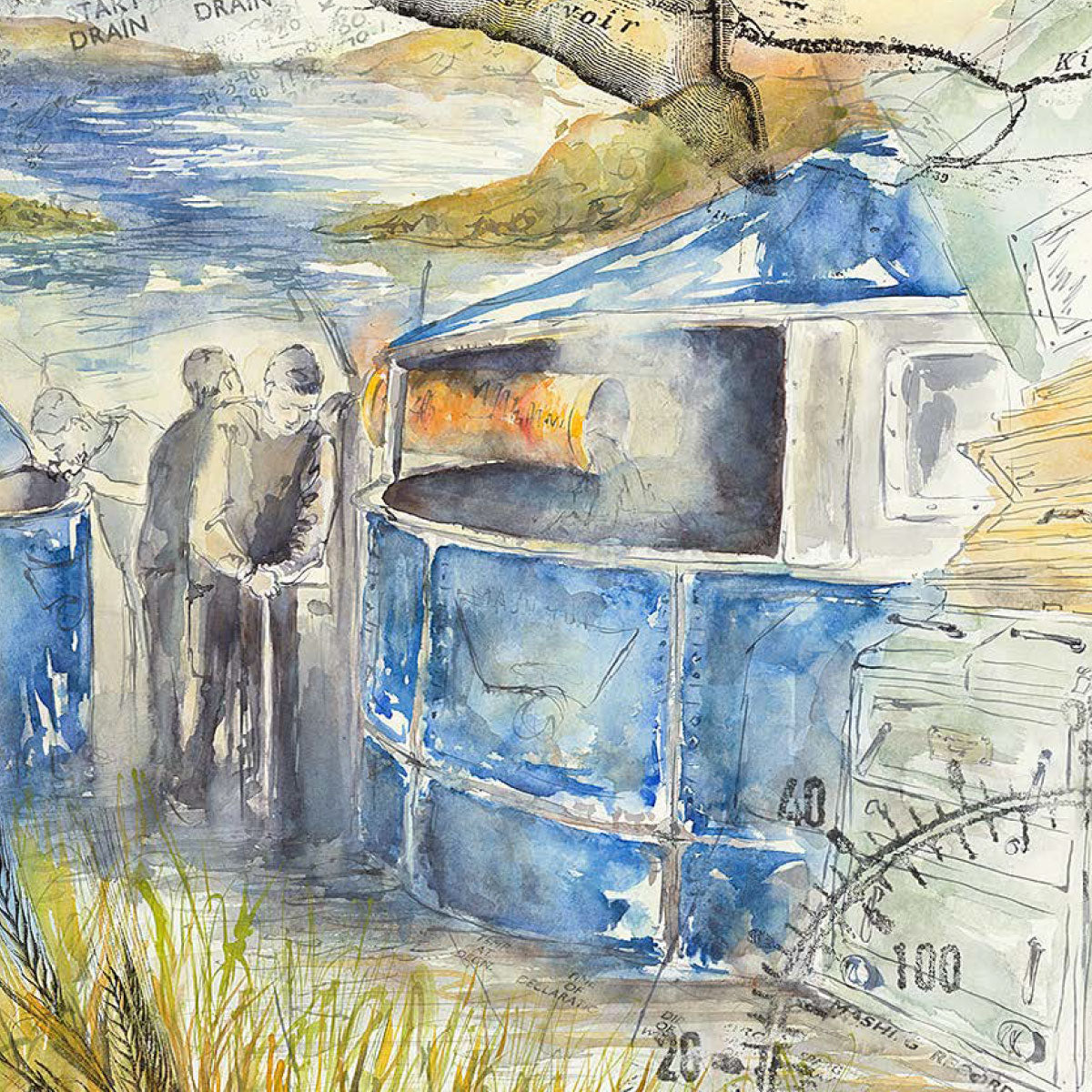 A watercolor painting depicts a serene lakeside scene with three people observing a large blue cylindrical structure, possibly a kiln. The background shows gentle hills, subtle landscapes, and overlaid textures of maps and technical diagrams.