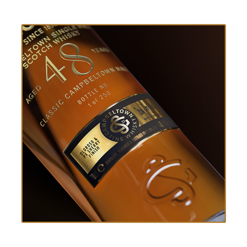 Close-up image of a whisky bottle label displaying "48 years," "Classic Campbeltown Malt," and "Bottle No. 1 of 250." The label also mentions "Aged in American Oak Barrels," "Campbeltown Fine Whisky," and highlights the golden seal of quality.
