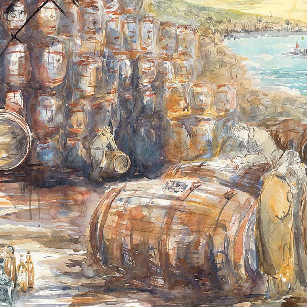 A watercolor painting depicts workers handling large wooden barrels near a harbor. The background shows a stack of barrels, a body of water with boats, and a distant coastline. The scene is busy, with two main workers rolling and inspecting barrels.