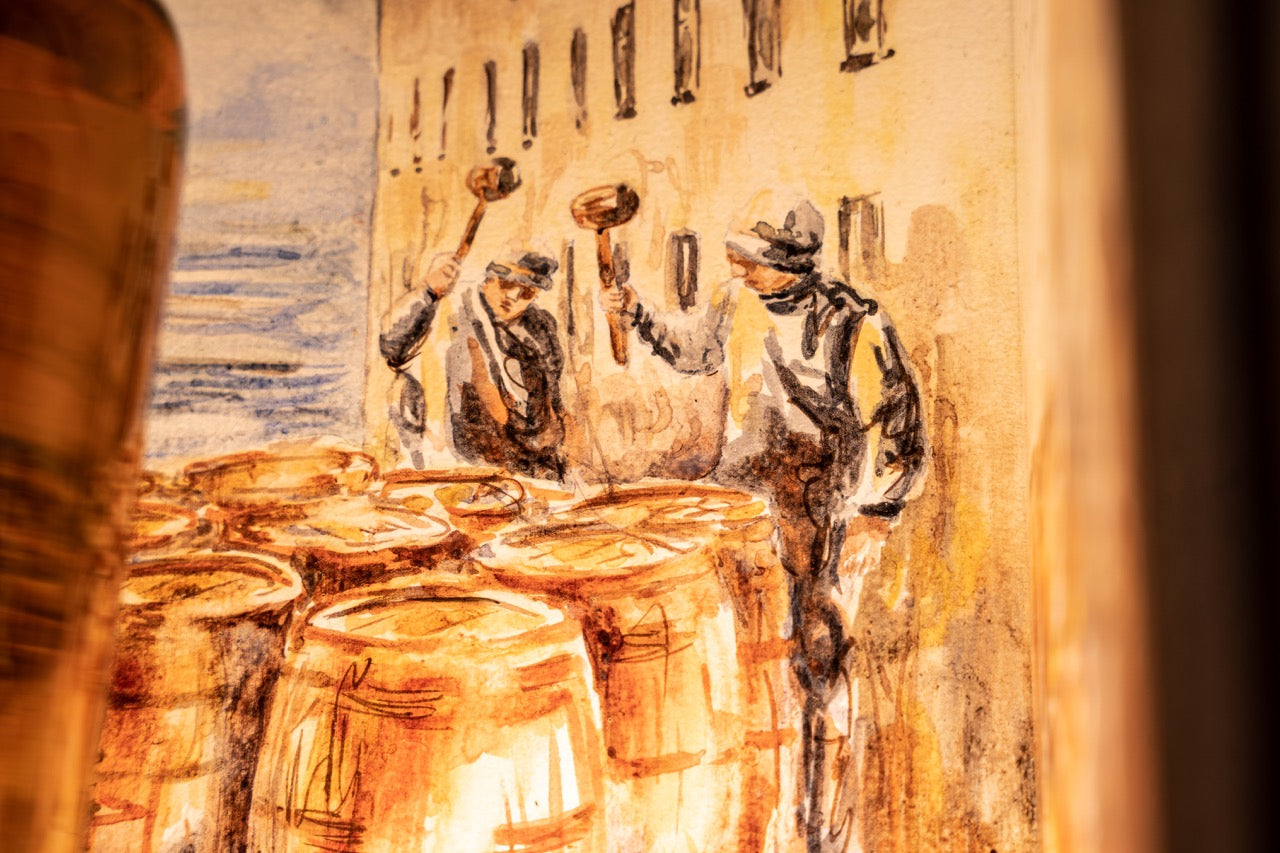 An artistic watercolor depiction of two workers in an industrial setting, hammering the lids of large wooden barrels. The scene is warmly lit with hues of yellow and brown, giving it a vintage feel. The background features an abstracted building wall.
