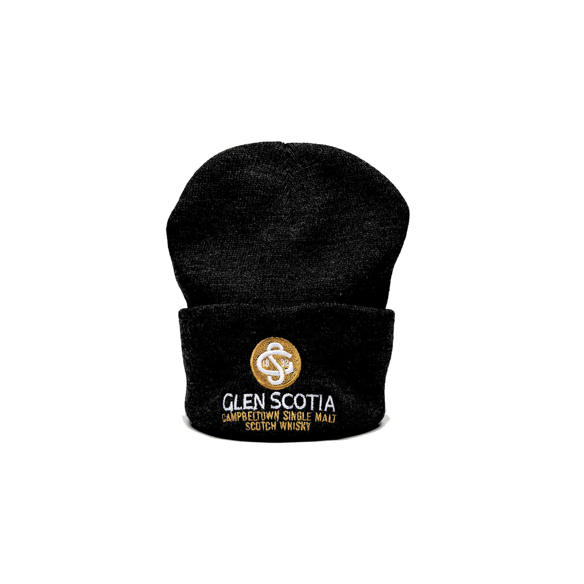 Black beanie with Glen Scotia logo on a white background