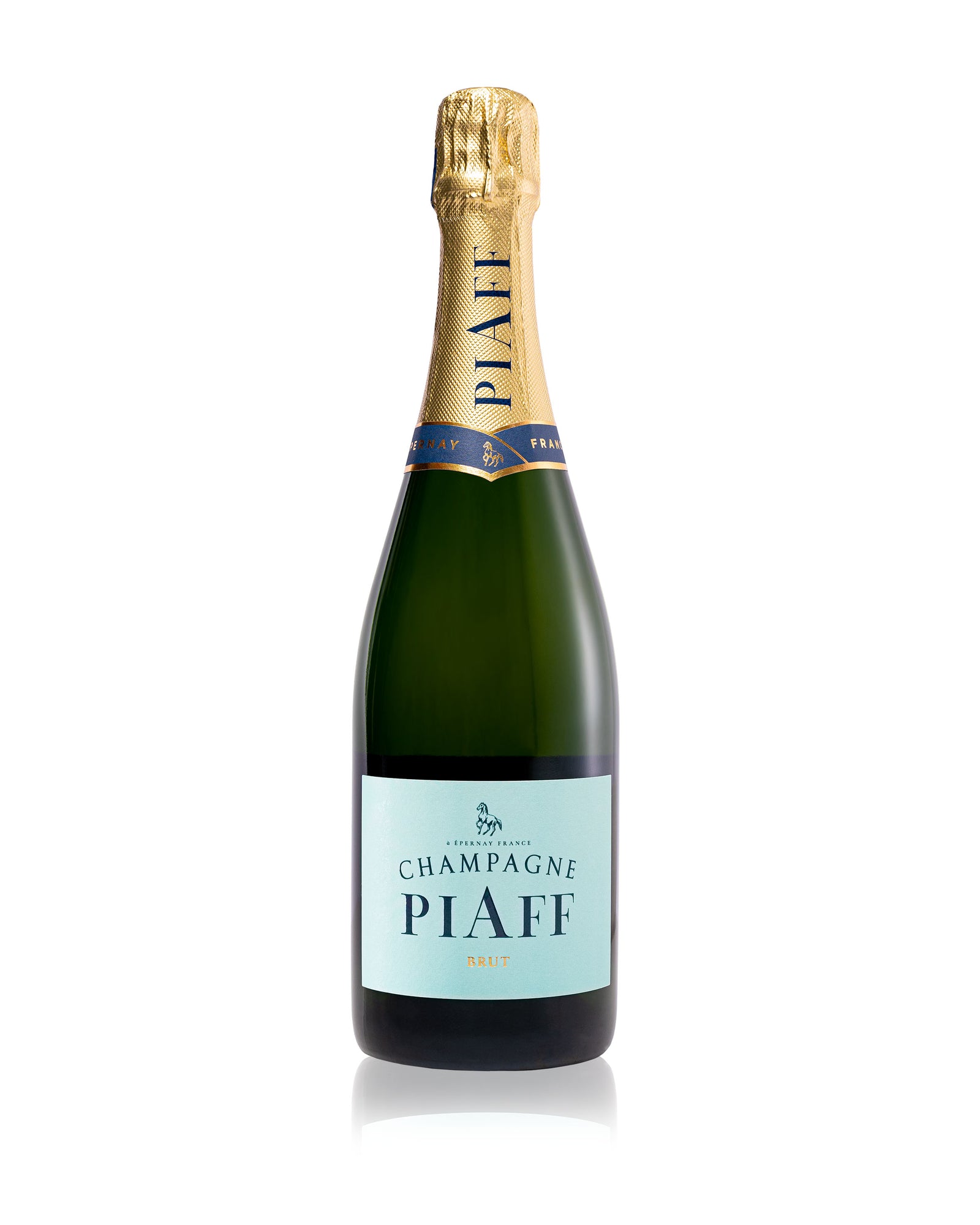 A bottle of Champagne PIAFF Brut NV by champagne-piaff, featuring a gold foil-wrapped neck and a blue label. The label prominently displays "Champagne PIAFF" in bold letters with smaller text stating "Brut" underneath. Known for its persistent mousse, this premium champagne is showcased against a plain white background.