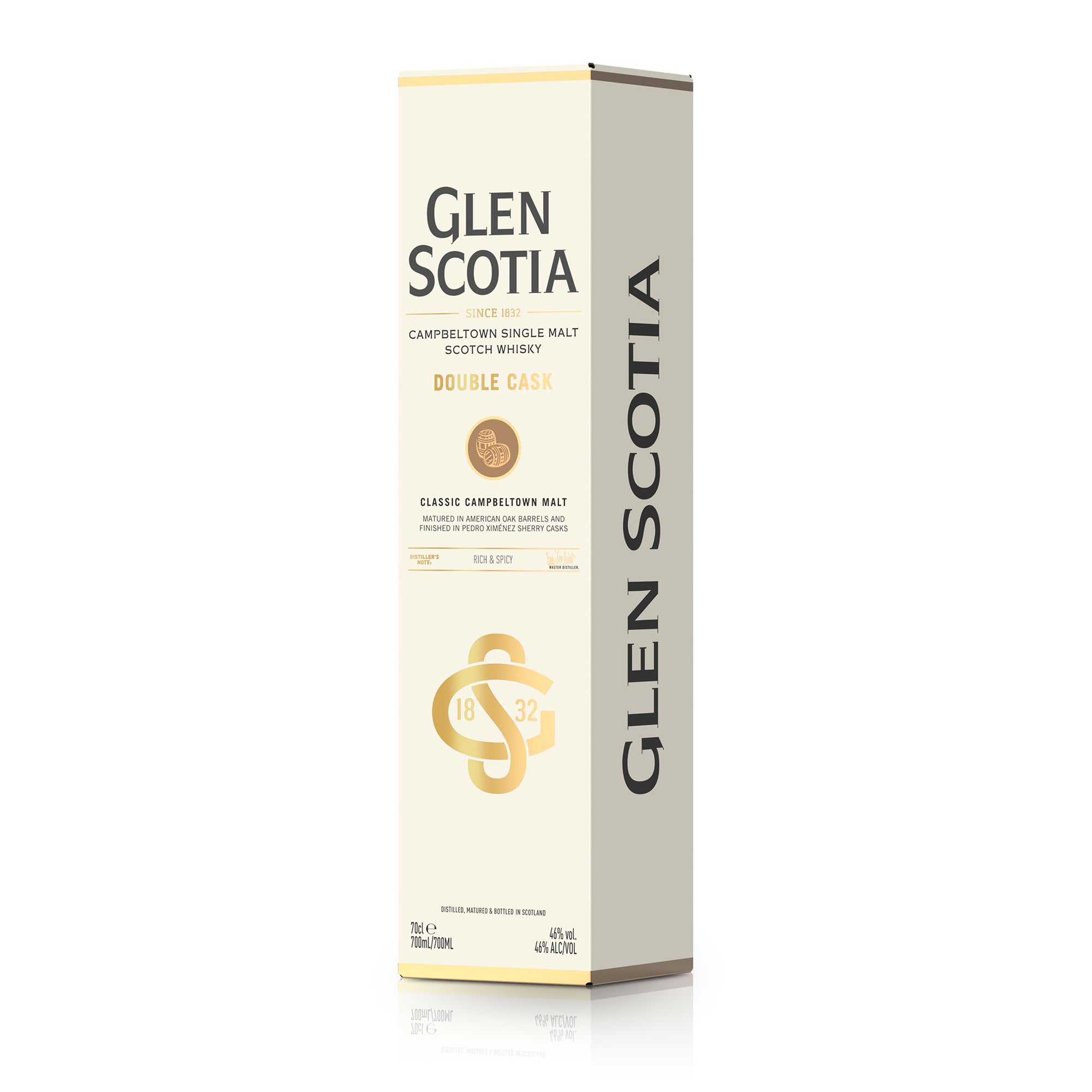 A bottle of Glen Scotia Double Cask Single Malt Scotch Whisky is displayed next to its matching cream-colored box. Both showcase the brand name, product details, and elegant gold accents. The whisky in the bottle has a rich amber hue, making it an ideal addition to any gift set for whisky enthusiasts.