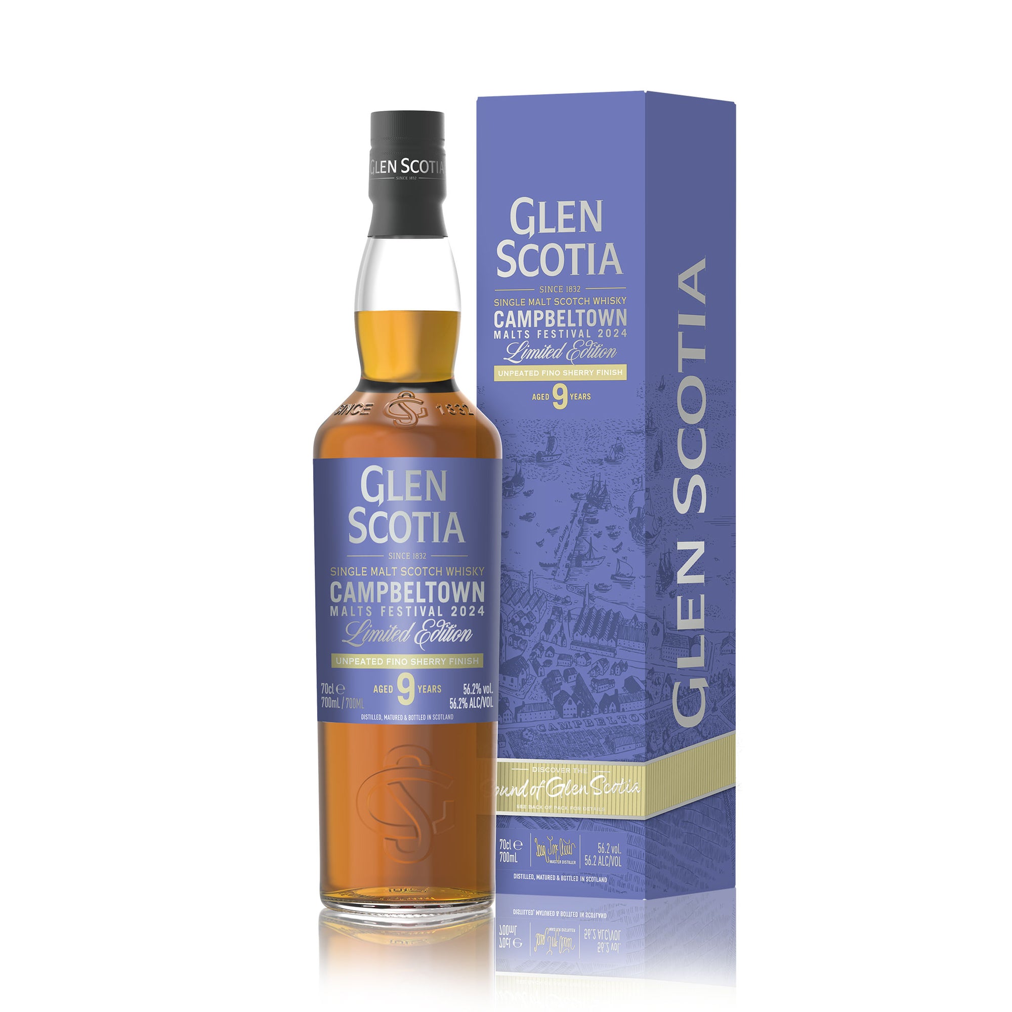 Image of a bottle of Glen Scotia Single Malt Scotch Whisky next to its box. The box and label display "Campbeltown Malts Festival 2024 Limited Edition" and highlight the whisky's age of 9 years. The clear bottle showcases the amber-colored spirit within, emphasizing its limited-edition bottling appeal.