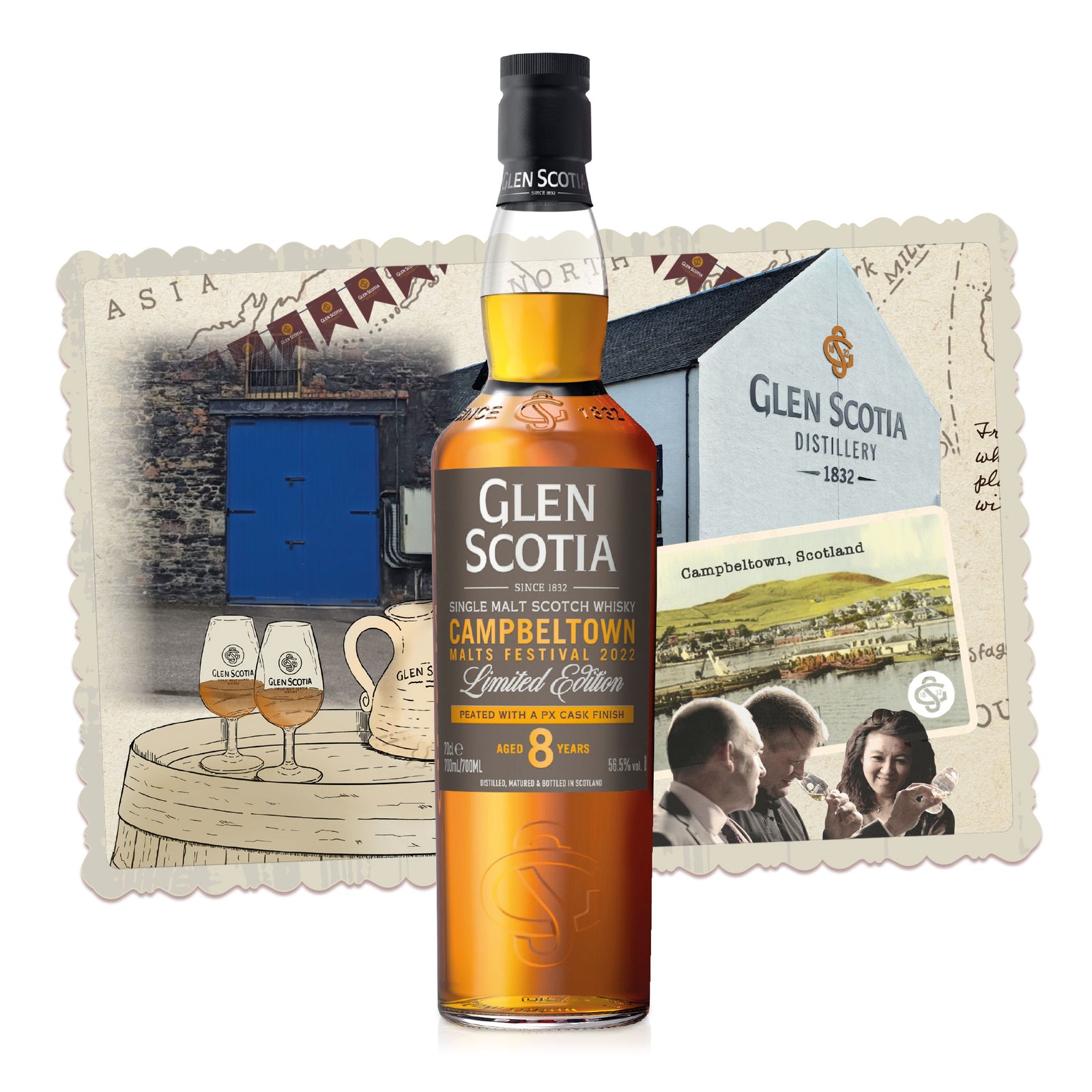 A bottle of Glen Scotia Campbeltown Malts Festival Edition 2022 stands next to its brown and gold box. The label on the bottle highlights its limited edition release for the Campbeltown Malts Festival 2022. The bottle is partly transparent, showcasing the golden amber whisky inside—a perfect whisky gift for enthusiasts.