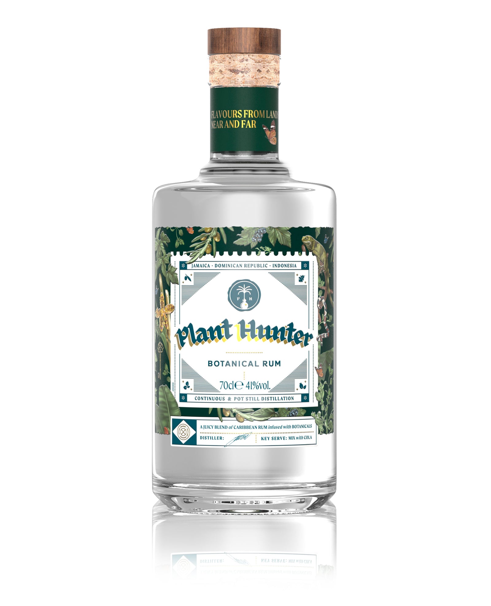 A clear bottle labeled "Plant Hunter Botanical Rum" from the brand Plant Hunter, featuring an earthy, green foliage design around the label. The bottle has a cork stopper and contains 700 ml of rum with 41% alcohol by volume. The label includes botanical illustrations and decorative text, making it an ideal gift for enthusiasts.