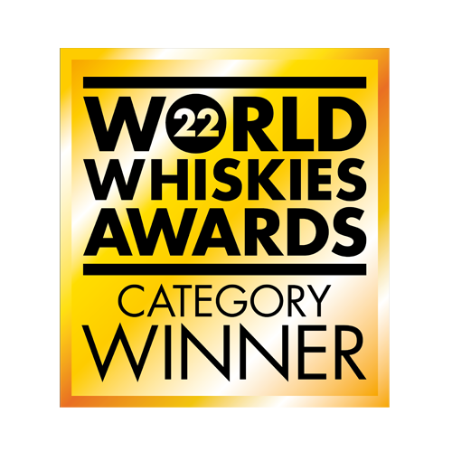 A square, gold-colored badge with the text "22 World Whiskies Awards Category Winner" in bold, black letters. The background has a gradient effect from gold to a lighter shade, giving it a shiny, reflective appearance.
