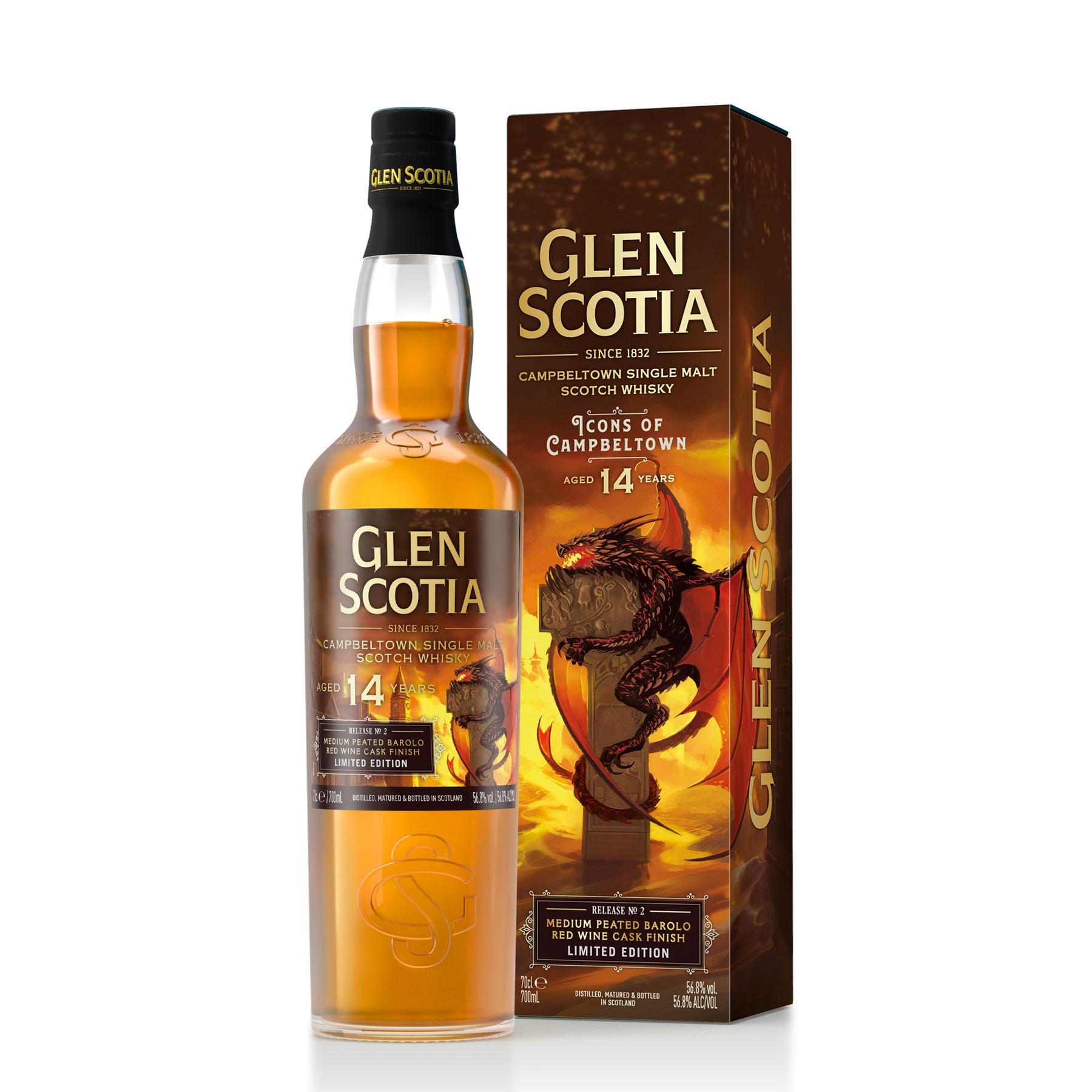 A bottle of Glen Scotia Icons of Campbeltown Release No.2 stands next to its box. The label and box feature a fiery dragon on a dark background, with text reading "Glen Scotia since 1832" and "Campbeltown Single Malt Scotch Whisky Aged 14 Years.