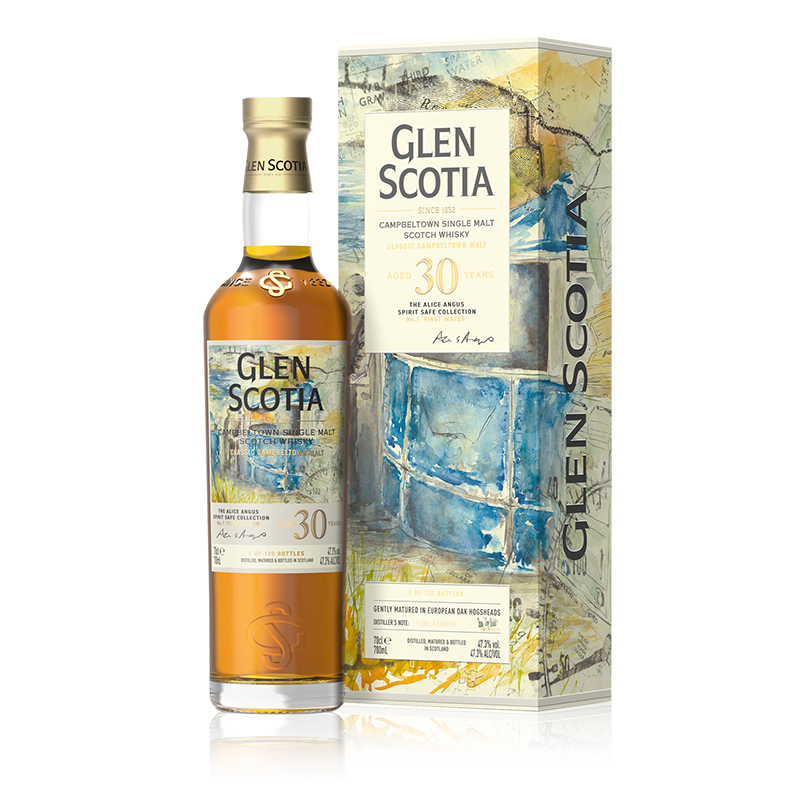 A bottle from the Alice Angus Spirit Safe Collection by Glen Scotia Old & Rare stands next to its colorful box packaging. The box features abstract artwork with blue, green, and yellow hues. This limited edition bottling has a clear label displaying the distillery name and age.
