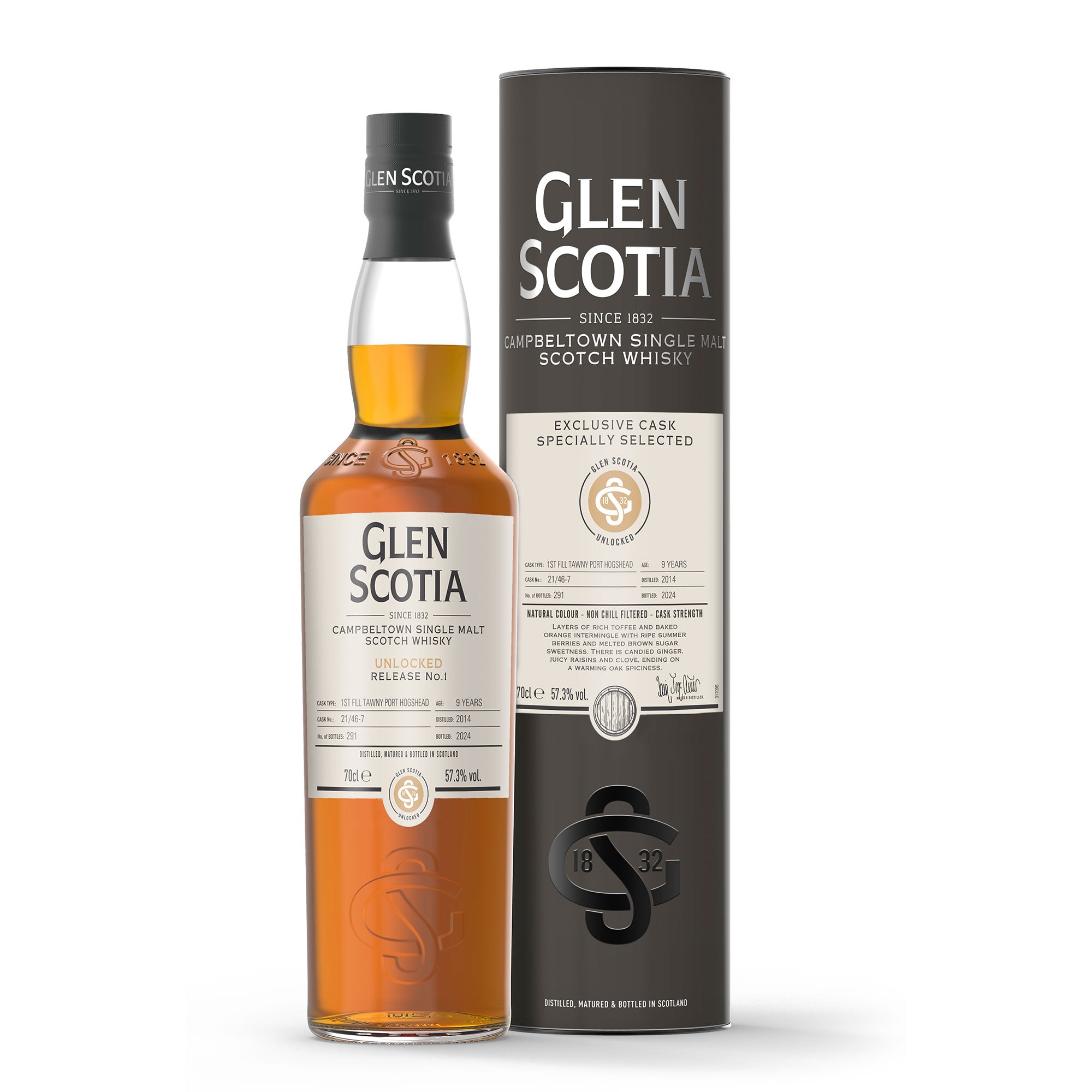 A bottle of Glen Scotia's Unlocked #1 9 Year Old Single Malt is displayed with its cylindrical packaging. The label reveals it as a finely distilled alcoholic beverage, boasting 52.7% alcohol by volume. This product comes in dark packaging adorned with white text.