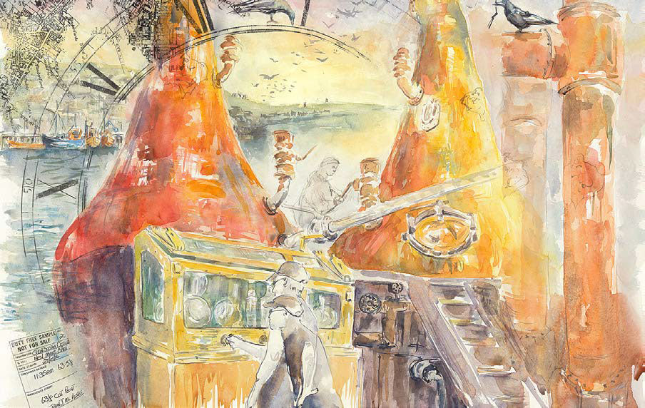 A vibrant watercolor painting features nautical elements, including ships and navigational equipment. Central figures, an engineer and a sailor, work amid large orange and yellow conical structures. A backdrop shows a cloudy sky, birds, and flying ships.