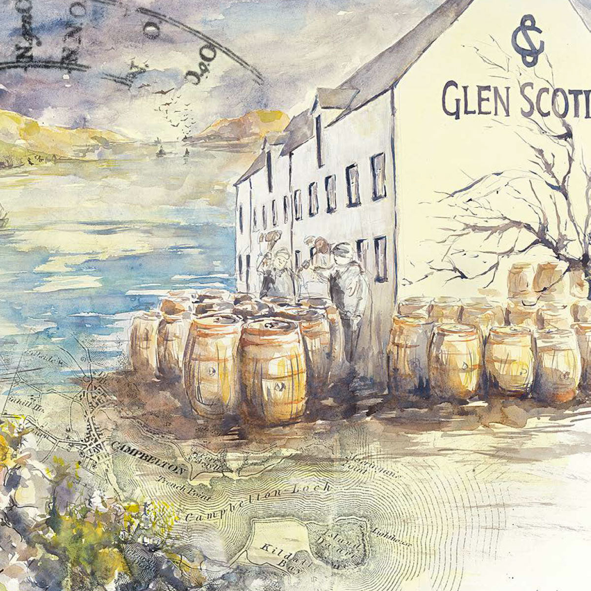 A watercolor painting depicts the Glen Scotia distillery beside a lake with mountains in the background. Wooden barrels are stacked outside the white building with the distillery's name visible. The scene features subtle map overlays and distant ships.