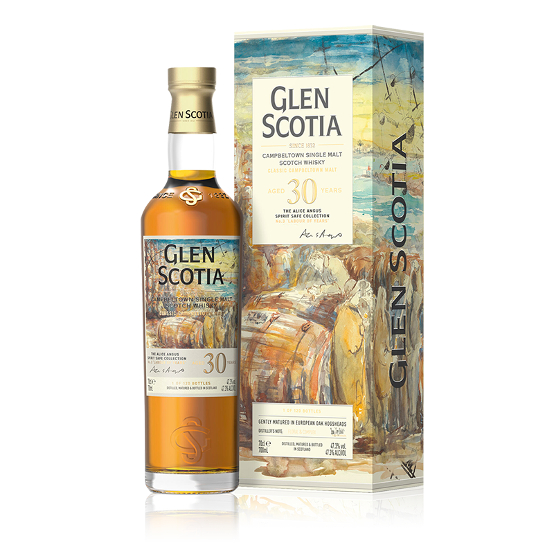 A bottle from the Alice Angus Spirit Safe Collection by Glen Scotia Old & Rare stands next to its colorful box packaging. The box features abstract artwork with blue, green, and yellow hues. This limited edition bottling has a clear label displaying the distillery name and age.