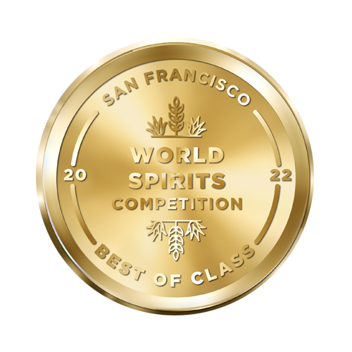 A gold medal featuring text that reads "San Francisco World Spirits Competition 2022 Best of Class". The medal has decorative elements, including two grain stalks at the top and bottom.