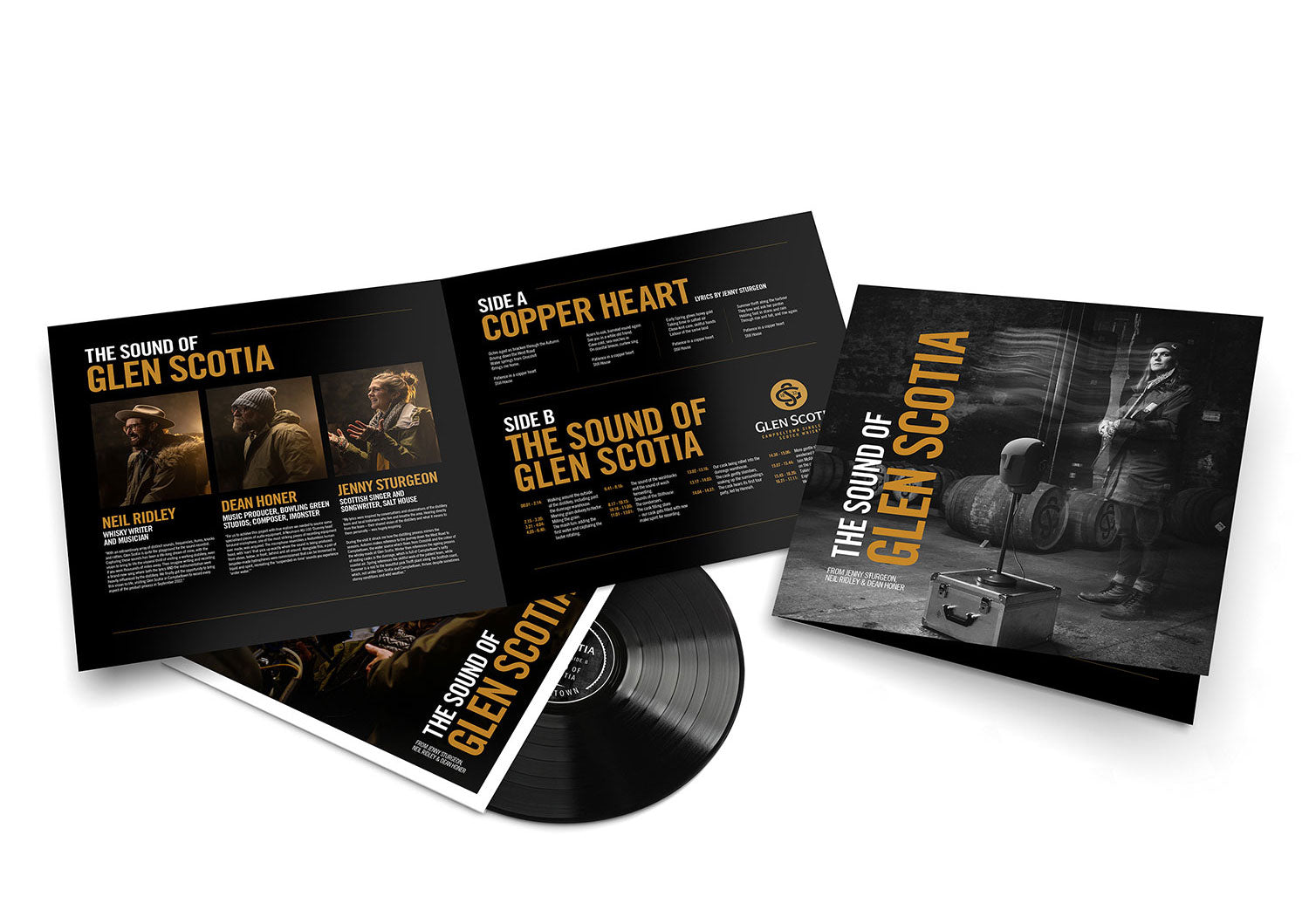 An image features a vinyl record set from Glen Scotia titled "The Sound of Glen Scotia." The visual highlights its cover, an open booklet containing detailed information about tracks and artists, and the vinyl record itself. The design prominently uses black and gold hues along with a vintage-style photograph that beautifully embodies the rich whisky heritage of Campbeltown.