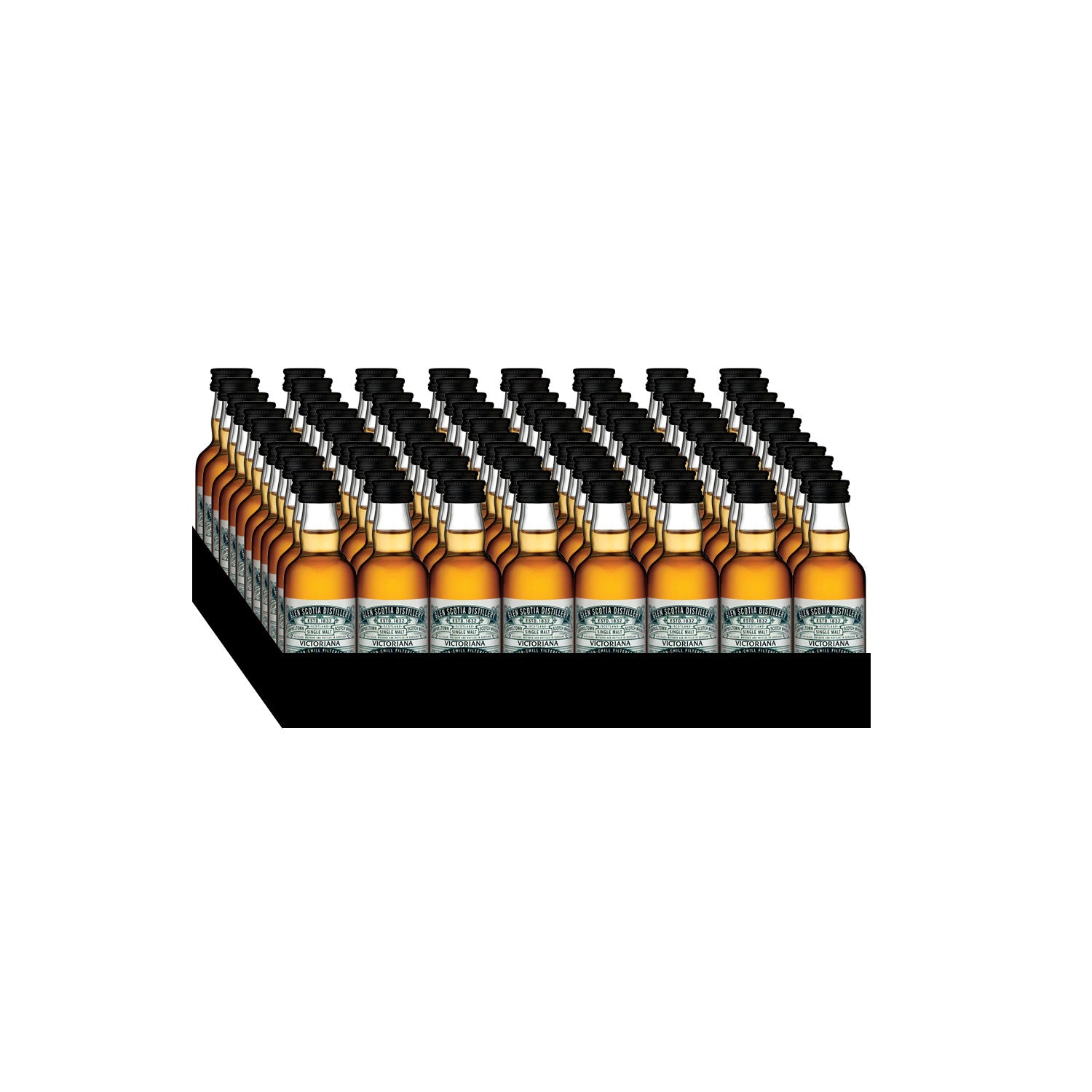 A group of 40 identical bottles of Victoriana Whisky 5cl Miniature by Glen Scotia, filled with an amber-colored liquid, arranged in a rectangular grid pattern with five rows and eight bottles in each row. Each bottle has a black cap and a green and white label, set against a plain white background.