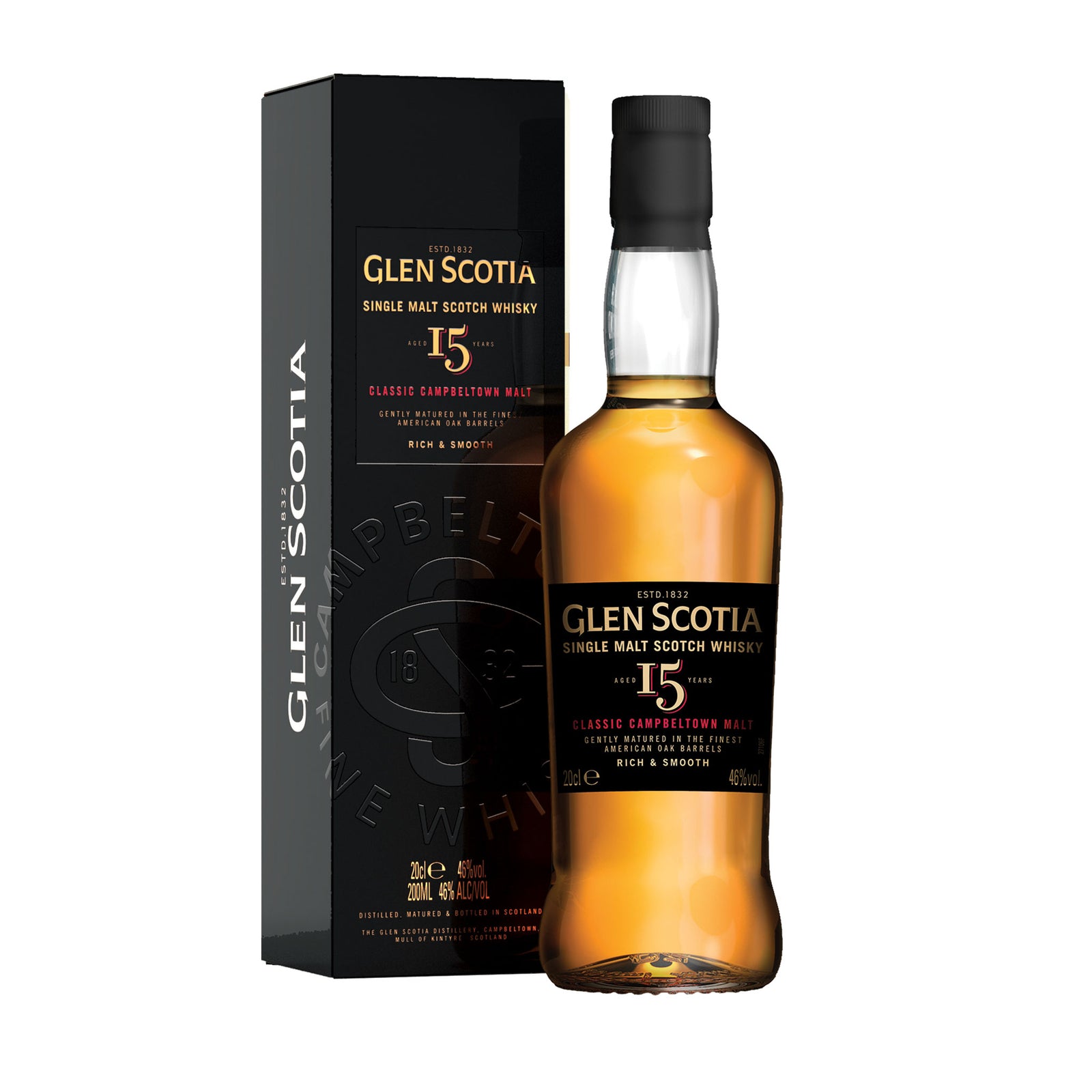 A bottle of Glen Scotia 15 Year Old Single Malt Whisky 20cl is displayed beside its black rectangular box. The box and bottle label feature gold and white text with the brand name and age prominently shown, making it perfect for whisky gifts. The whisky is a rich amber color.