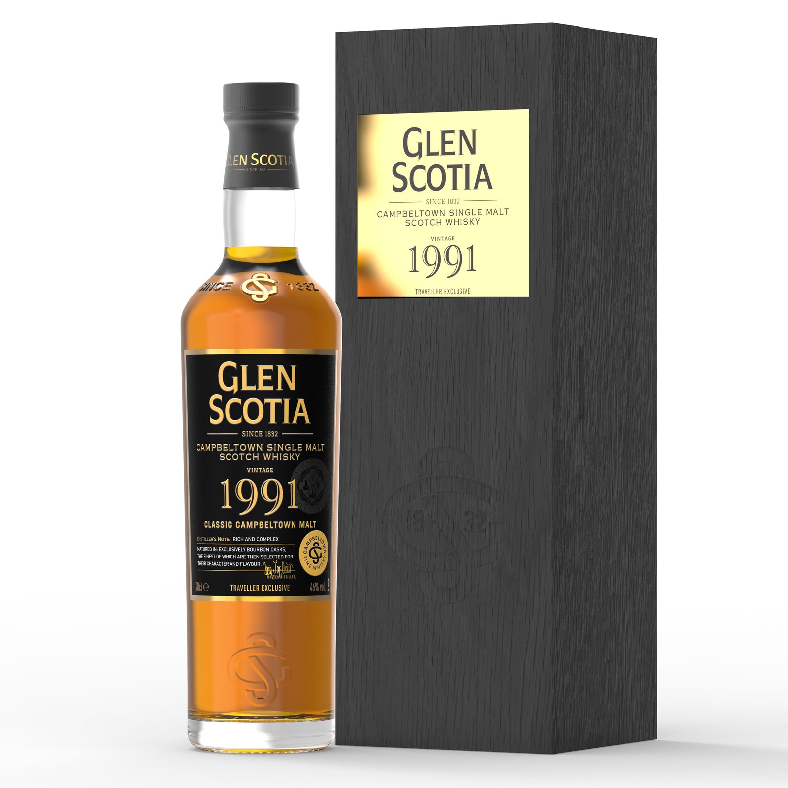 A bottle of Glen Scotia Vintage 1991 Single Malt - Global Travel is placed next to its sleek, dark-colored box. The bottle has a gold cap, and the label on both prominently displays "Glen Scotia" and "1991." It's a perfect choice for whisky gifts.