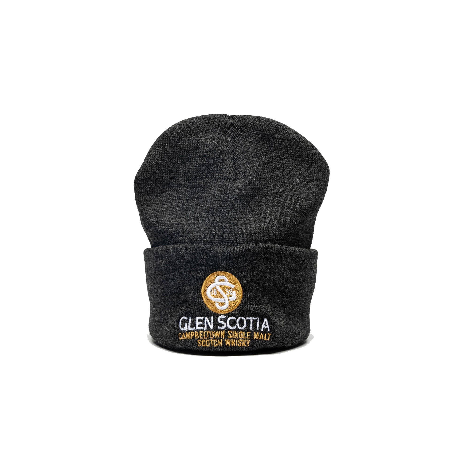 The Glen Scotia Grey Beanie Hat features a folded brim and an embroidered yellow circular logo with the letters "SS," alongside the text "Glen Scotia" beneath it, complemented by "Campbeltown Single Malt Scotch Whisky" in white. Perfect for whisky gift enthusiasts.