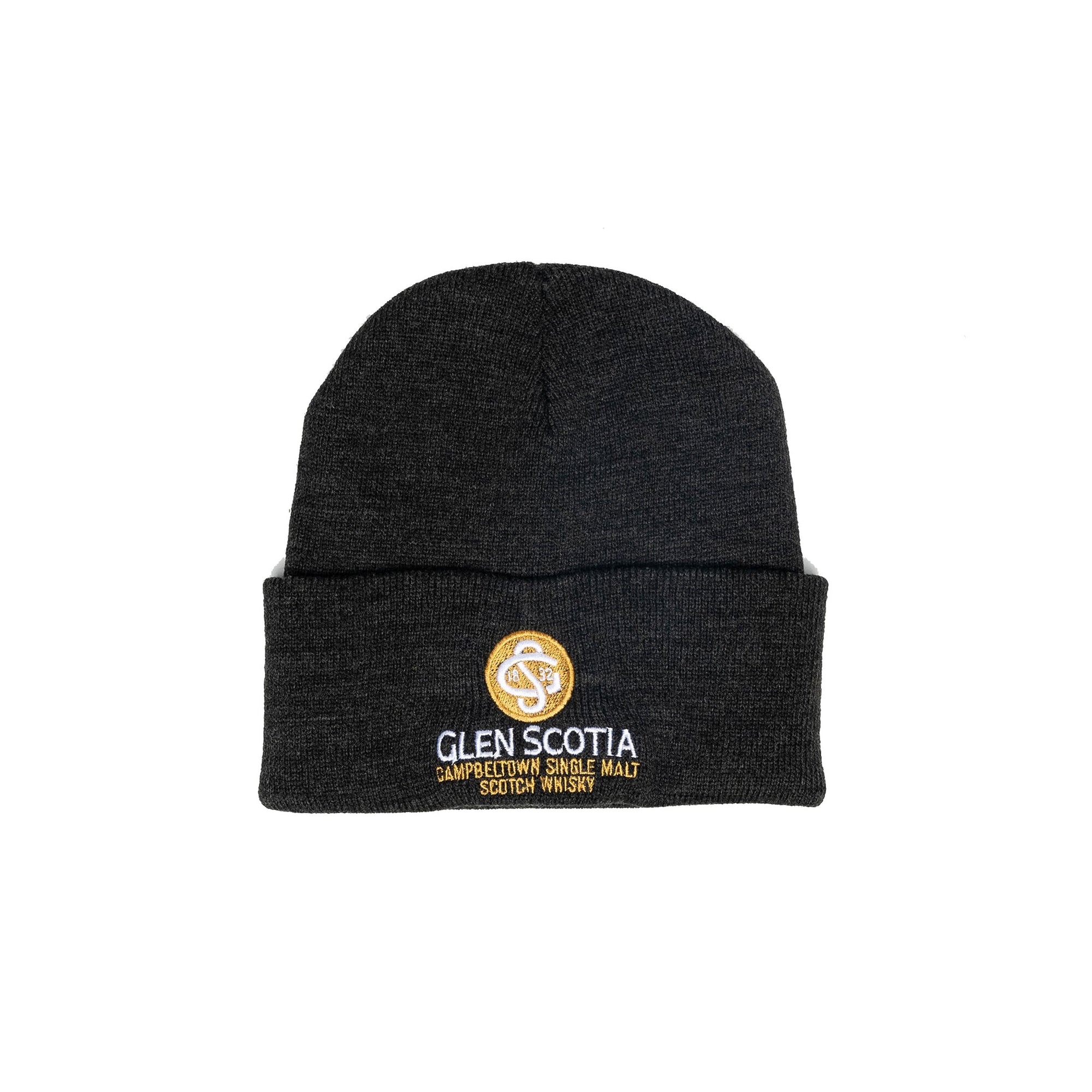 The Glen Scotia Grey Beanie Hat features a folded brim and an embroidered yellow circular logo with the letters "SS," alongside the text "Glen Scotia" beneath it, complemented by "Campbeltown Single Malt Scotch Whisky" in white. Perfect for whisky gift enthusiasts.