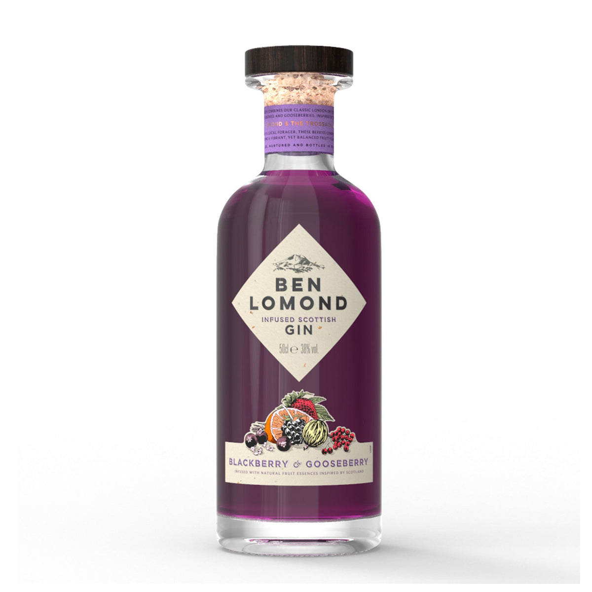 A bottle of Ben Lomond Blackberry &amp; Gooseberry Gin, featuring a cork top and a purple hue. The label showcases the Ben Lomond brand name and &quot;Blackberry &amp; Gooseberry&quot; flavor, with an illustration of blackberries, gooseberries, and pinecones on a white background. Perfect for whisky gift enthusiasts.