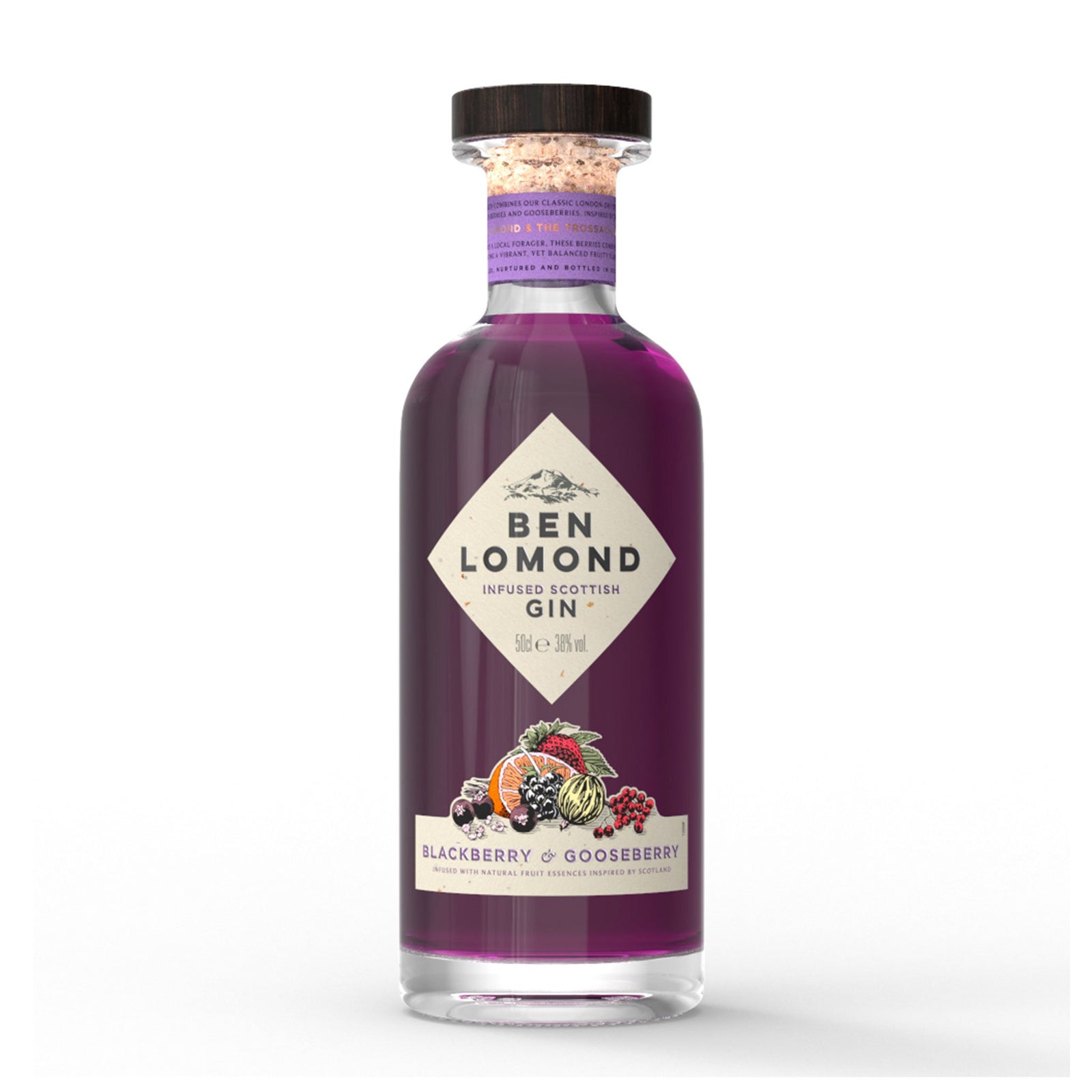 A bottle of Ben Lomond Blackberry & Gooseberry Gin, featuring a cork top and a purple hue. The label showcases the Ben Lomond brand name and "Blackberry & Gooseberry" flavor, with an illustration of blackberries, gooseberries, and pinecones on a white background. Perfect for whisky gift enthusiasts.