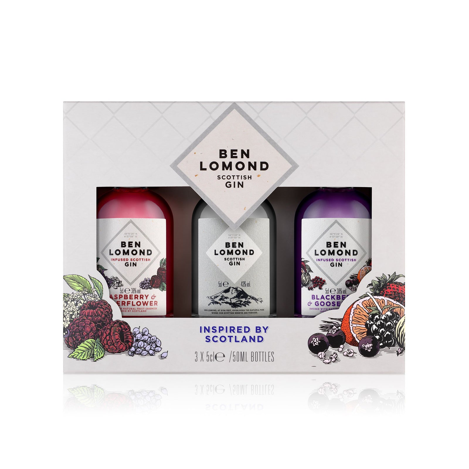 The Ben Lomond Gin Gift Set from Ben Lomond includes three 50ml bottles of Scottish gin in Raspberry & Elderflower, Original, and Blackberry & Gooseberry flavors. The packaging is adorned with illustrations of fruits and botanicals along with the phrase "Inspired by Scotland," making it an ideal addition to whisky gifts.