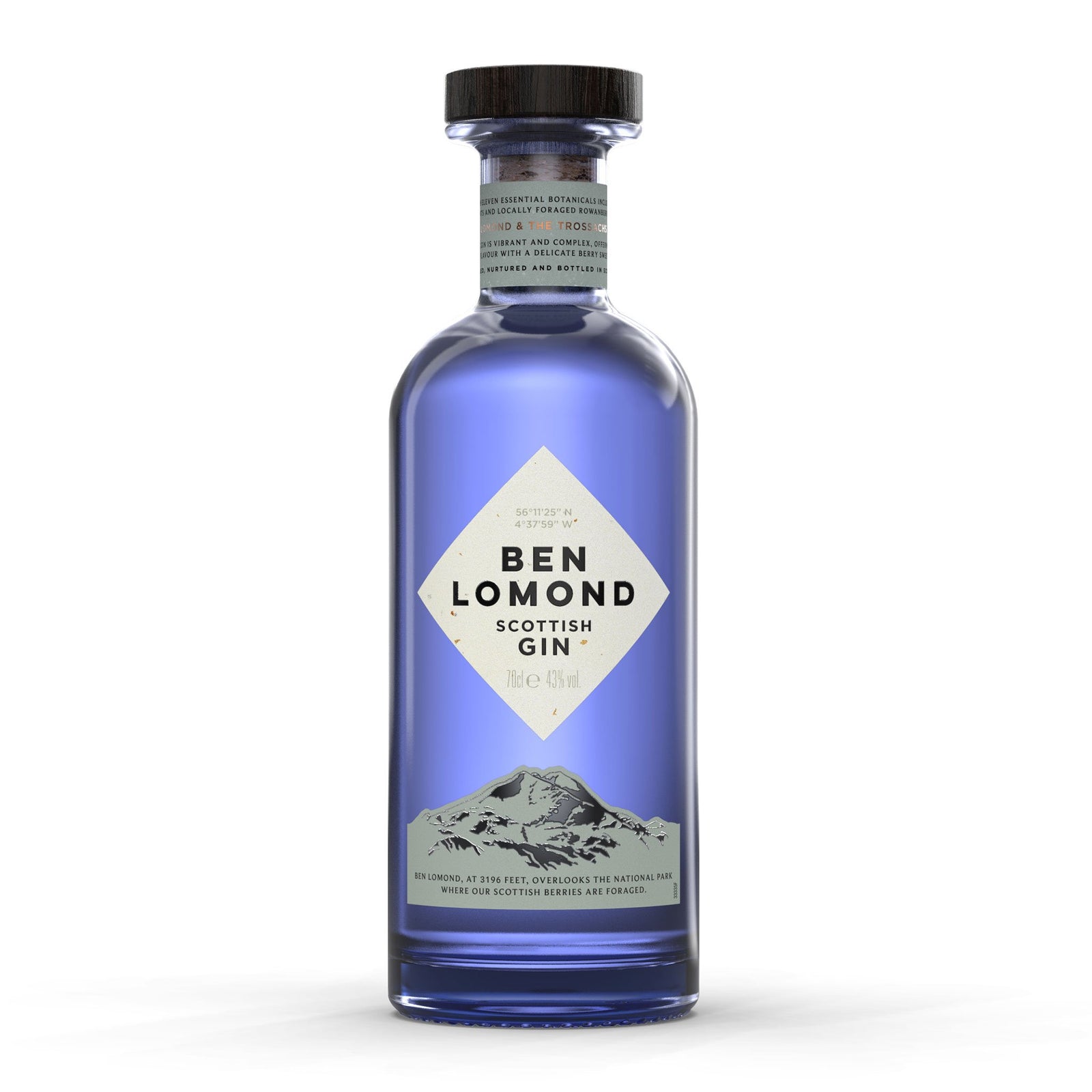 A sleek, transparent glass bottle filled with a royal blue liquid labeled "Ben Lomond Gin." The label showcases mountain imagery and text indicating 43% ABV, intertwining the heritage and botanical ingredients reminiscent of a fine single malt whisky. The cap is wooden with a black top.