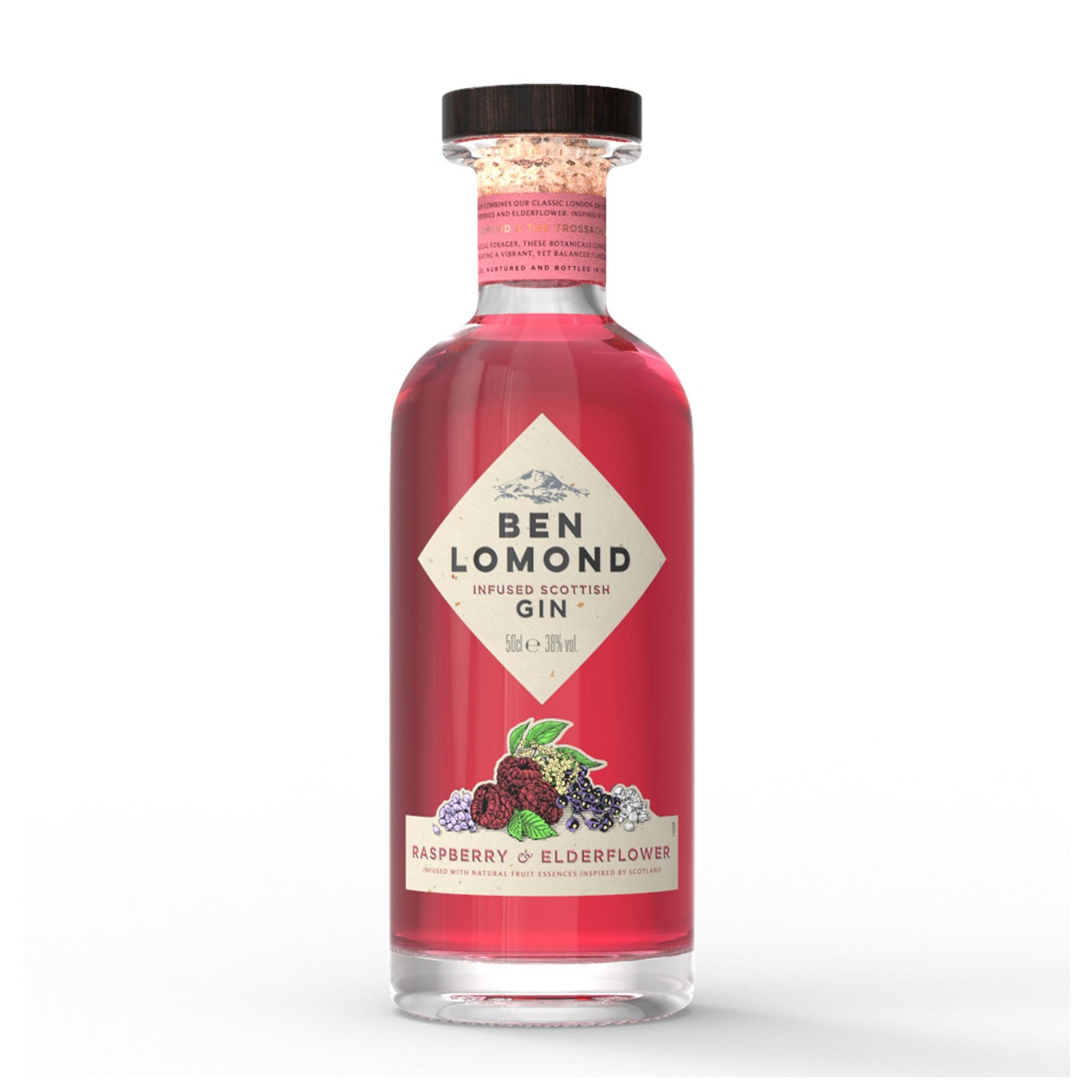 A bottle of Ben Lomond Raspberry & Elderflower Gin is shown against a white background. The bottle, with its pink-hued liquid and cork top, has a label featuring raspberries and elderflowers. It reads "Raspberry & Elderflower," along with the Ben Lomond brand and volume information, making it a perfect whisky gift.