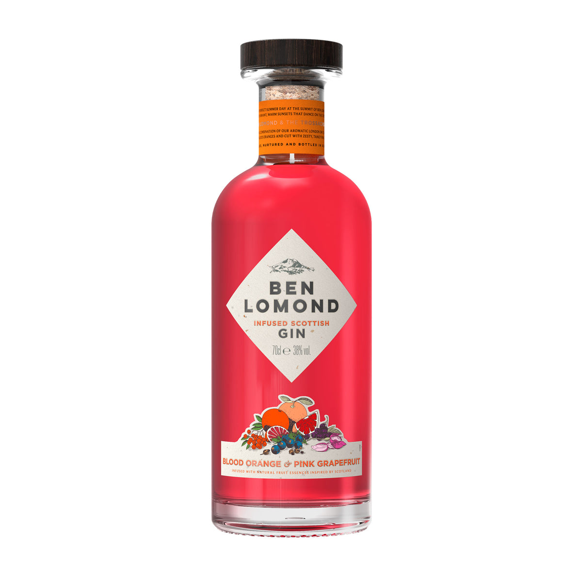 A bottle of Ben Lomond Blood Orange &amp; Pink Grapefruit Gin. The vivid red liquid complements the label&#39;s design, which features a mountain graphic at the top and floral illustrations at the bottom. Text on the label highlights &quot;Blood Orange &amp; Pink Grapefruit&quot; as the flavor, making it an excellent gift option.