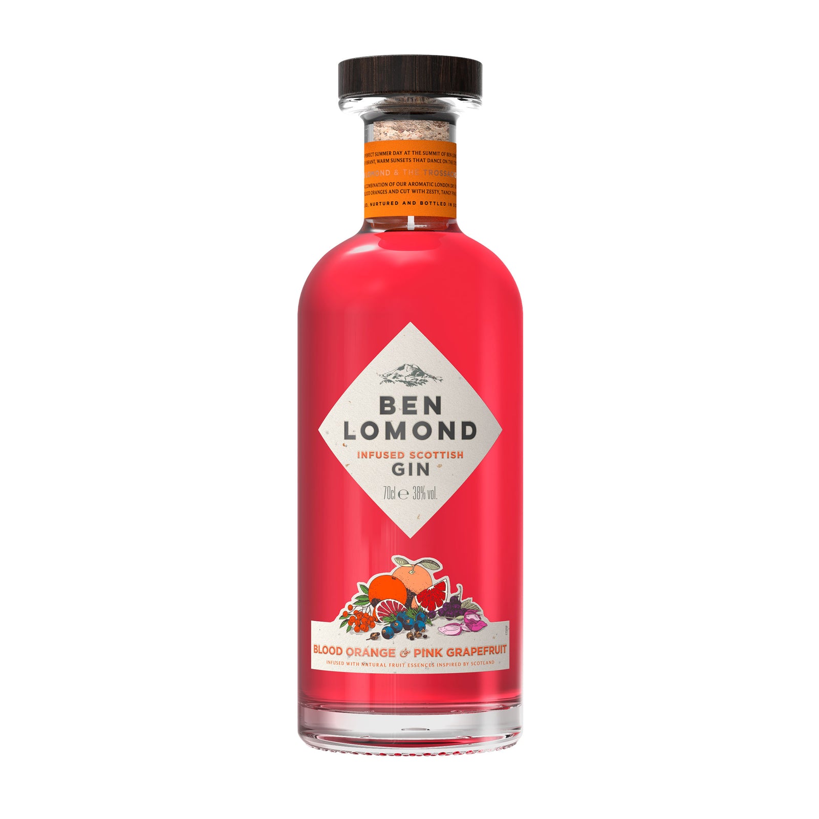 A bottle of Ben Lomond Blood Orange & Pink Grapefruit Gin. The vivid red liquid complements the label's design, which features a mountain graphic at the top and floral illustrations at the bottom. Text on the label highlights "Blood Orange & Pink Grapefruit" as the flavor, making it an excellent gift option.