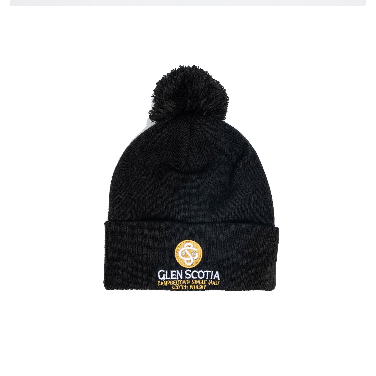 The Glen Scotia Beanie Bobble Hat is a black cold-weather accessory with a pom-pom on top and a folded brim, featuring the Glen Scotia logo embroidered on the brim in gold accents along with "Glen Scotia Campbeltown Single Malt Scotch Whisky.
