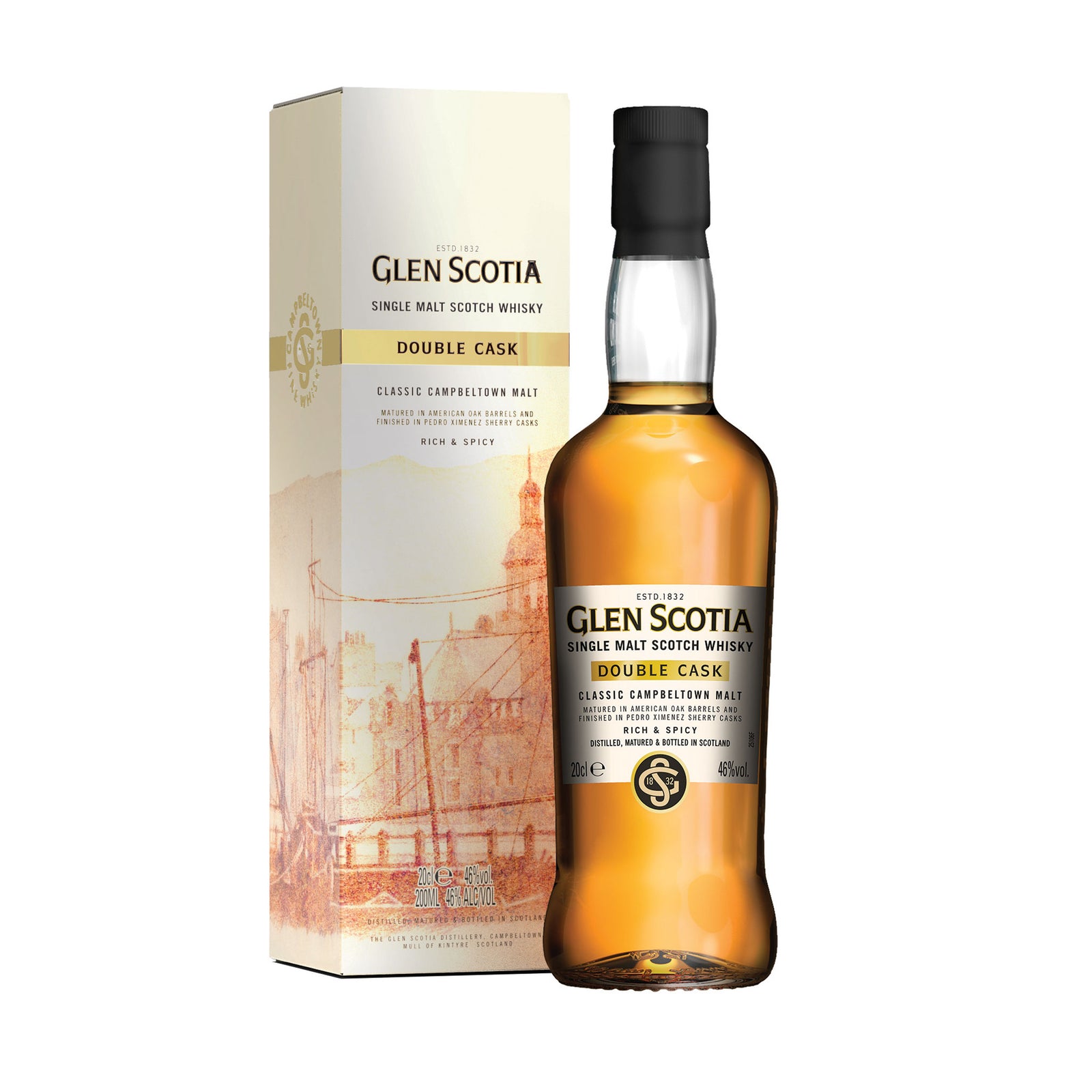 A bottle of Glen Scotia Double Cask Single Malt Whisky 20cl is placed beside its packaging box. The bottle contains golden amber liquid and has a black cap, with labels indicating the Glen Scotia brand and type of whisky. The box features an illustration of buildings, making it ideal for whisky gifts.