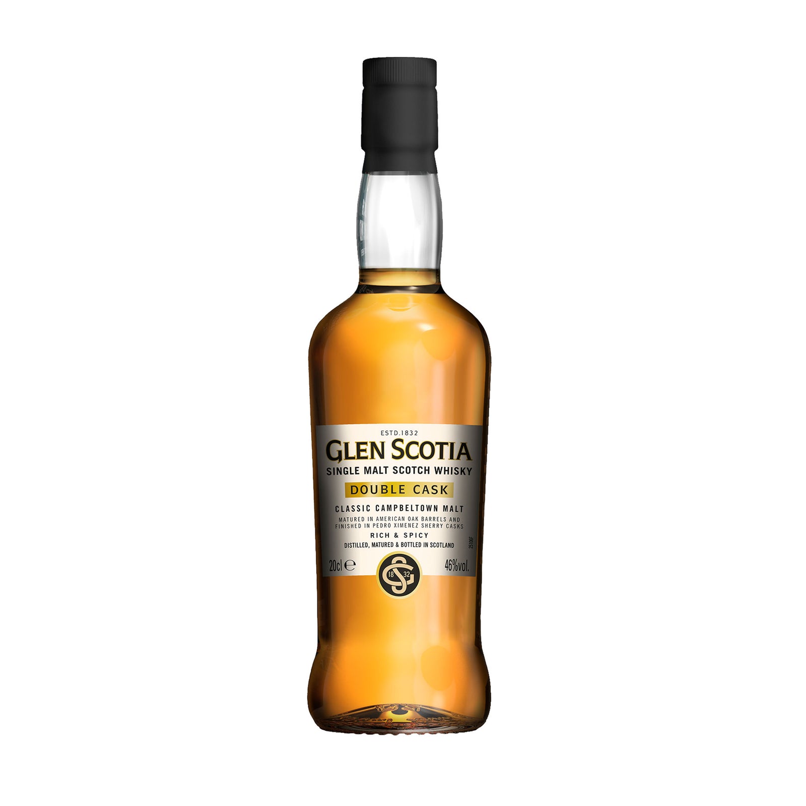 A bottle of Glen Scotia Double Cask Single Malt Whisky 20cl is placed beside its packaging box. The bottle contains golden amber liquid and has a black cap, with labels indicating the Glen Scotia brand and type of whisky. The box features an illustration of buildings, making it ideal for whisky gifts.