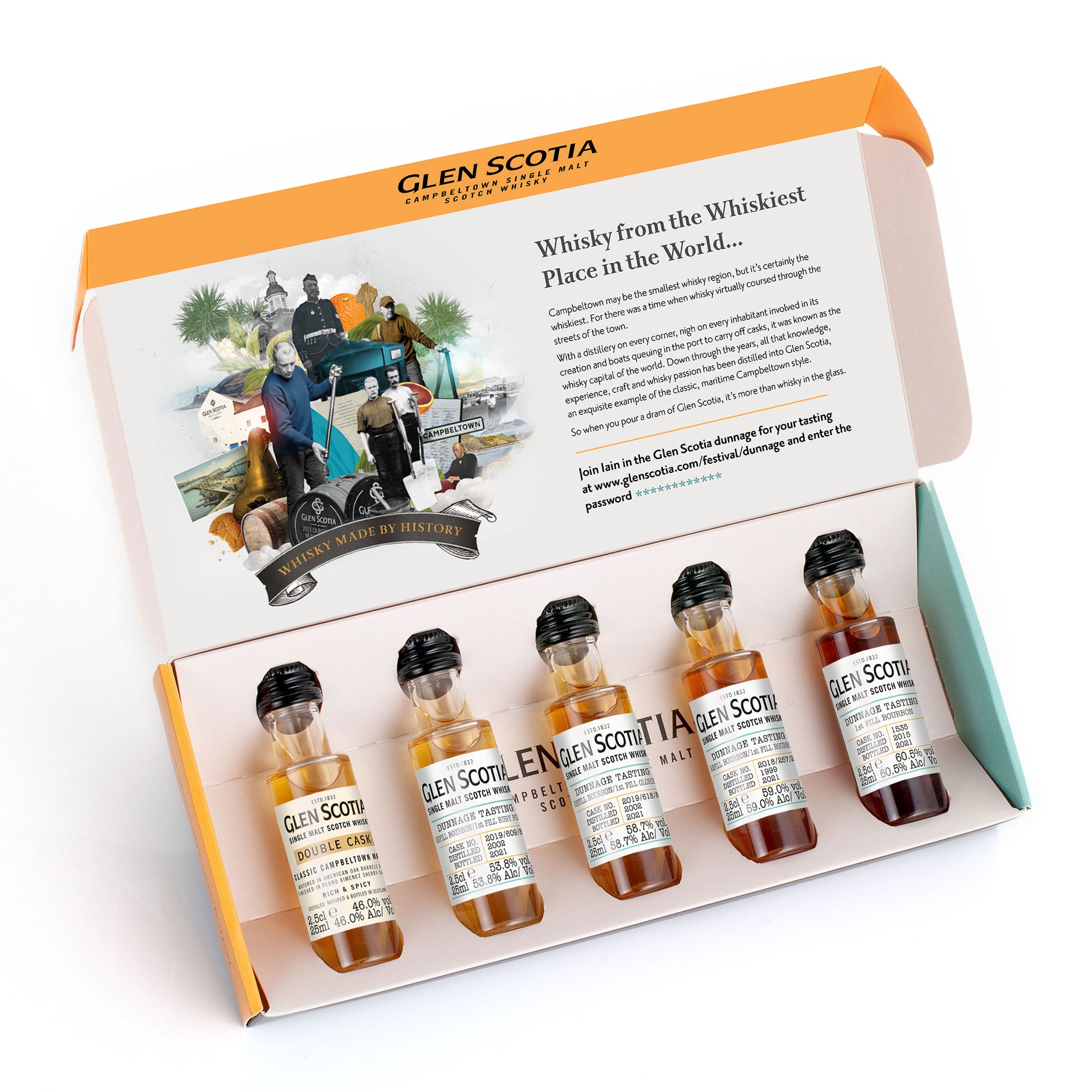 An open box labeled "Dunnage Whisky Tasting Gift Set" from Glen Scotia, displaying five miniature whisky bottles. The inside of the lid showcases historical imagery and detailed text about Campbeltown single malts, inviting customers to join a Dunnage Whisky Tasting Experience with Master Distiller Iain McAlister.
