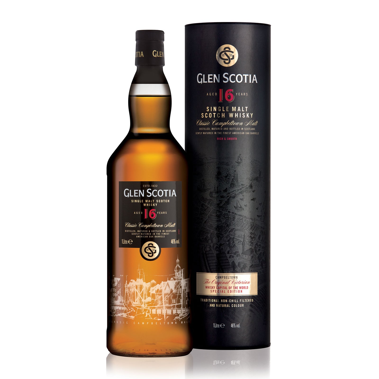 A bottle of Glen Scotia 16 Year Old Single Malt - Global Travel is placed next to its cylindrical black packaging. The amber-colored bottle features a detailed label showcasing a ship illustration and text, making it an ideal whisky gift. The packaging shares similar branding elements and text.